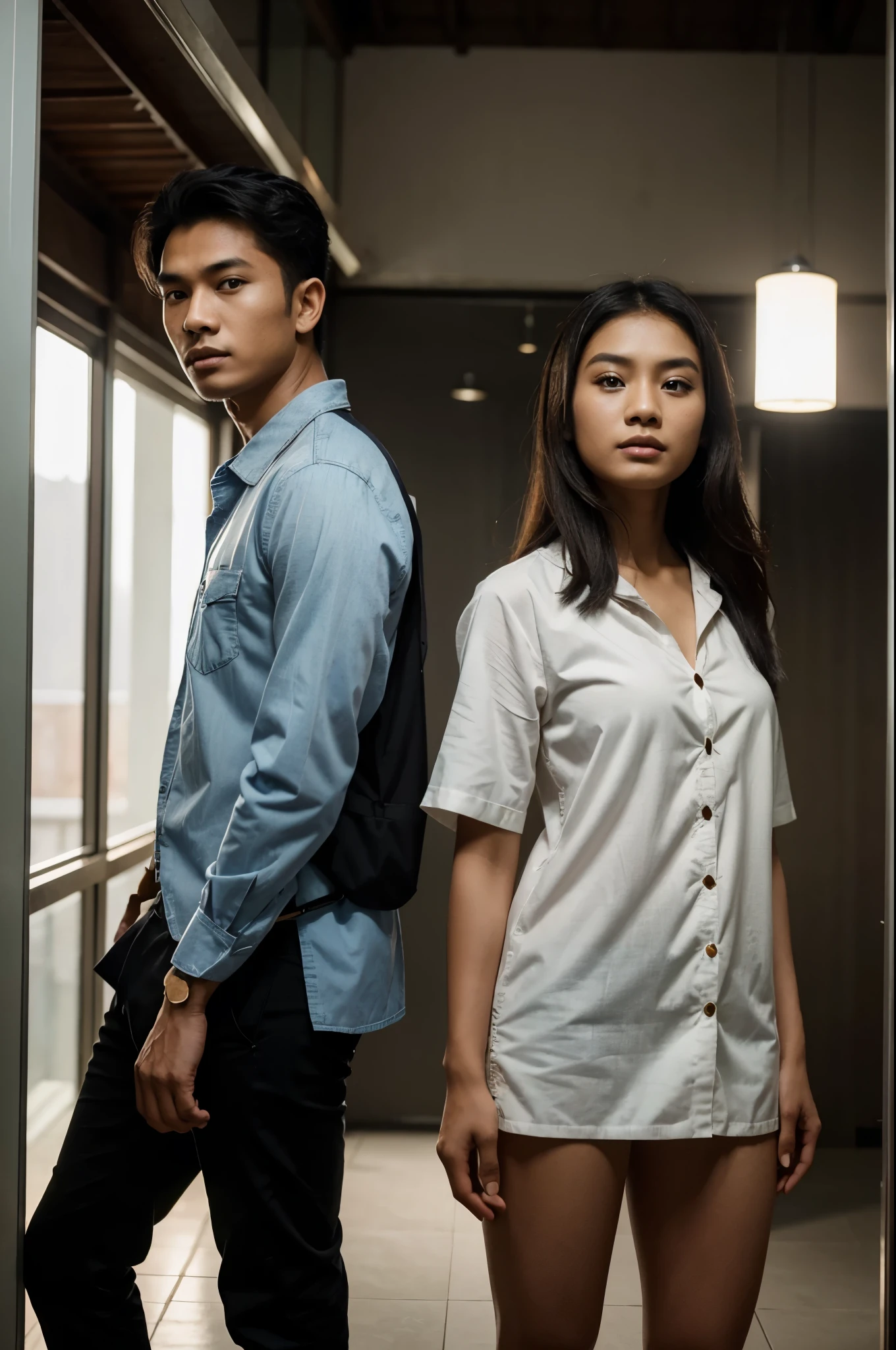 an Indonesian man and an Indonesian woman standing next to each other, an image, inspired by Adam Dario Keel, which is trending in the cg community, a handsome young Indonesian man with a beautiful young Indonesian woman, a man dressed in a shirt and a woman dressed in Cardingan, screencap of the film , model elisajes from acquamodels