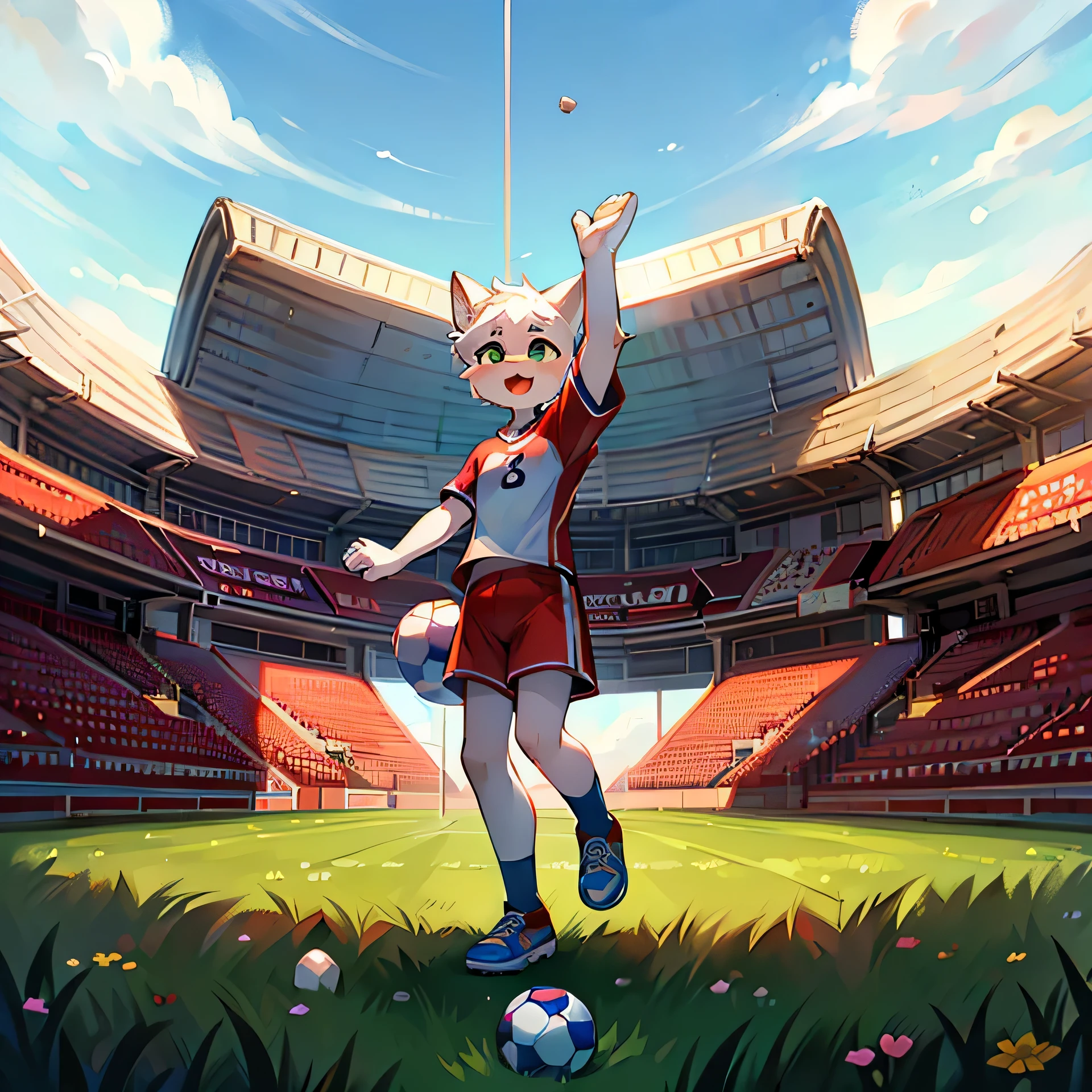 Generate an image of a playful white cat dressed in a vibrant sports uniform, complete with a matching jersey, shorts, and soccer shoes, joyfully kicking a soccer ball on a green field under a sunny sky. Capture the dynamic motion and enthusiasm of the cat as it engages in the game of soccer."