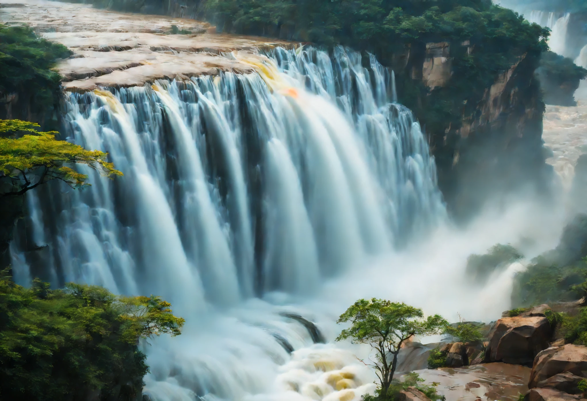 (best quality,4k,highres,masterpiece:1.2),ultra-detailed,realistic:1.37,HDR,UHD,studio lighting,sharp focus,physically-based rendering,extreme detail description,professional,vivid colors,bokeh,portraits,landscape
A breathtaking view of the Hukou Waterfall, a magnificent natural treasure in China. The powerful Yellow River rushes through the narrow opening of the "Hukou" like thunder, creating a spectacular scene that takes your breath away. The water crashes down with tremendous force, causing a surge of mist and spray to rise into the air, creating a mesmerizing display. The water appears like a steaming cloud, billowing upwards from the depths, filling the atmosphere with a sense of awe and mystery. The entire scene is captured in stunning detail and high resolution, with every droplet of water and every leaf of nearby flora clearly visible. The colors are vibrant and true to life, showcasing the richness of nature's palette. The lighting is expertly employed, casting a soft glow on the surroundings, highlighting the beauty and grandeur of the waterfall. This masterpiece of nature is depicted with utmost care and precision, ensuring that every element is faithfully recreated. The landscape is filled with a sense of energy and dynamism, reflecting the power and majesty of the waterfall. Whether viewed from a distance or up close, this artwork is a testament to the beauty and wonder of the Hukou Waterfall.
