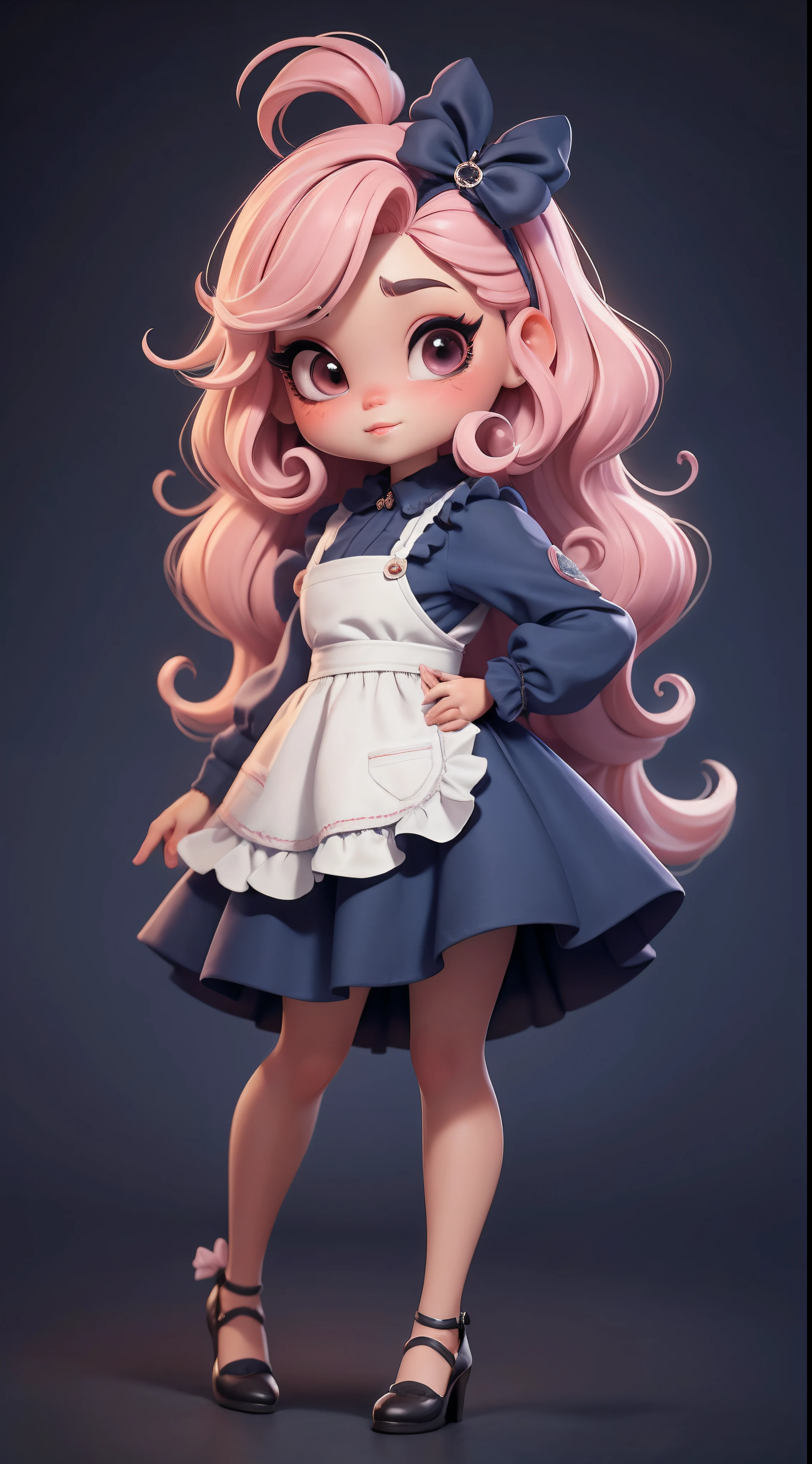Create a series of chibi style dolls with a cute Halloween theme, Each features tons of detail and 8K resolution. All dolls should follow the same solid color background pattern and be complete within the image, show (whole body, including legs: 1.5)

Witch&#39;s Apprentice Doll: Call her Mia. She must have long curly hair. Your eyes should be big and curious, Long eyelashes and slightly pink cheeks. Mia got to wear a colorful dress and polka dot shirt. Add details like pockets and ruffles to the apron，make it more charming, Beautiful shoes must be shaded, Hair texture and details, clothing, Cute Halloween paraphernalia, Make them more cute and charming.