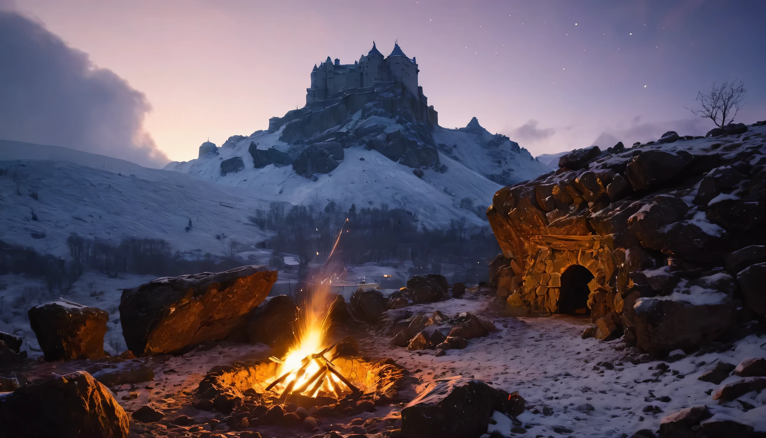 Vast Landscape Photo atumn castle (view from inside of cave whit campfire whit no fire only embers and fire light medieval equipmen in cave bottom look on big castle , which shows the sky overhead and the rock cave around me), Fortress at the top, (Shooting stars: 0,9), (nebula: 1,3), High Lonely Mountain warm lights in castle,(Cold light source:1.2), Lonely Mountain, Snow-capped mountains, voluminous lighting, реализм BREAK (tmasterpiece:1.2), (beste-Qualit), 4k, Ultra-detailed, (Dynamic composition: 1.4), Detailed, colorful details, (White color scheme: 1.2), (Glowing Lighting, Ambiance Lighting), dreamy, elvish, (solo: 1.2)
