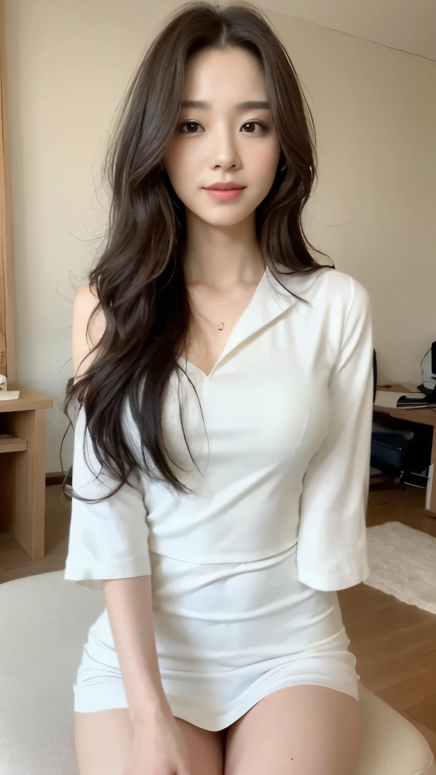 ((top-quality、8k、masterpiece:1.3))、Beautiful woman with perfect body:1.4、slim abdomen:1.2、Longhair, normal breast, Highly detailed facial and skin texture, A detailed eye, delicate eyes, double eyelid, (smile), (full body shot), ((office 1.2)), (sitting on chair), ((wearing white uniform)), looking in front