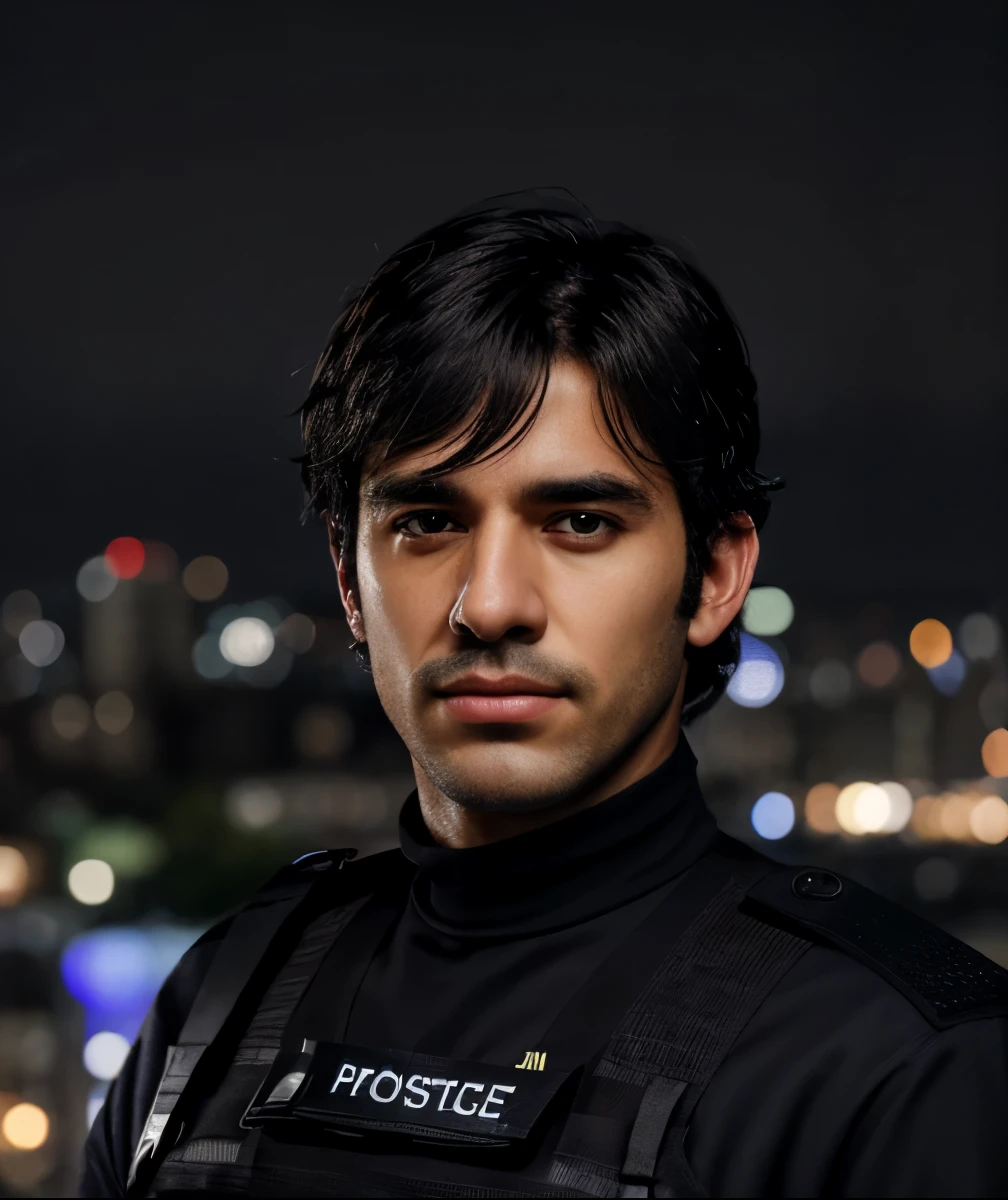 1male, masterpiece, 4k, ultra realistic, policeman, city night background, carlos oliveira, portrait, black shaggy hair 