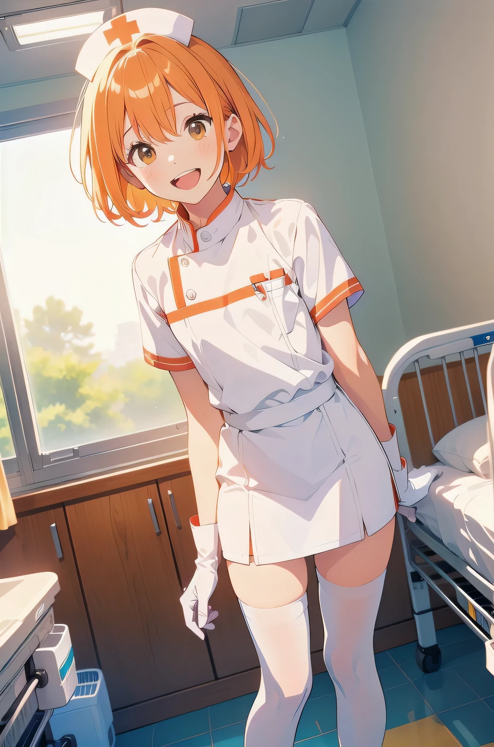 1boy, solo, male focus, nurse, nurse cap, white wear, ((white legwear, zettai ryouiki)), white gloves, short hair, orange hair, smile, open mouth, standing, ((hospital room)), sharp outline, short sleeves, shota, 12 years old, best quality, masterpiece