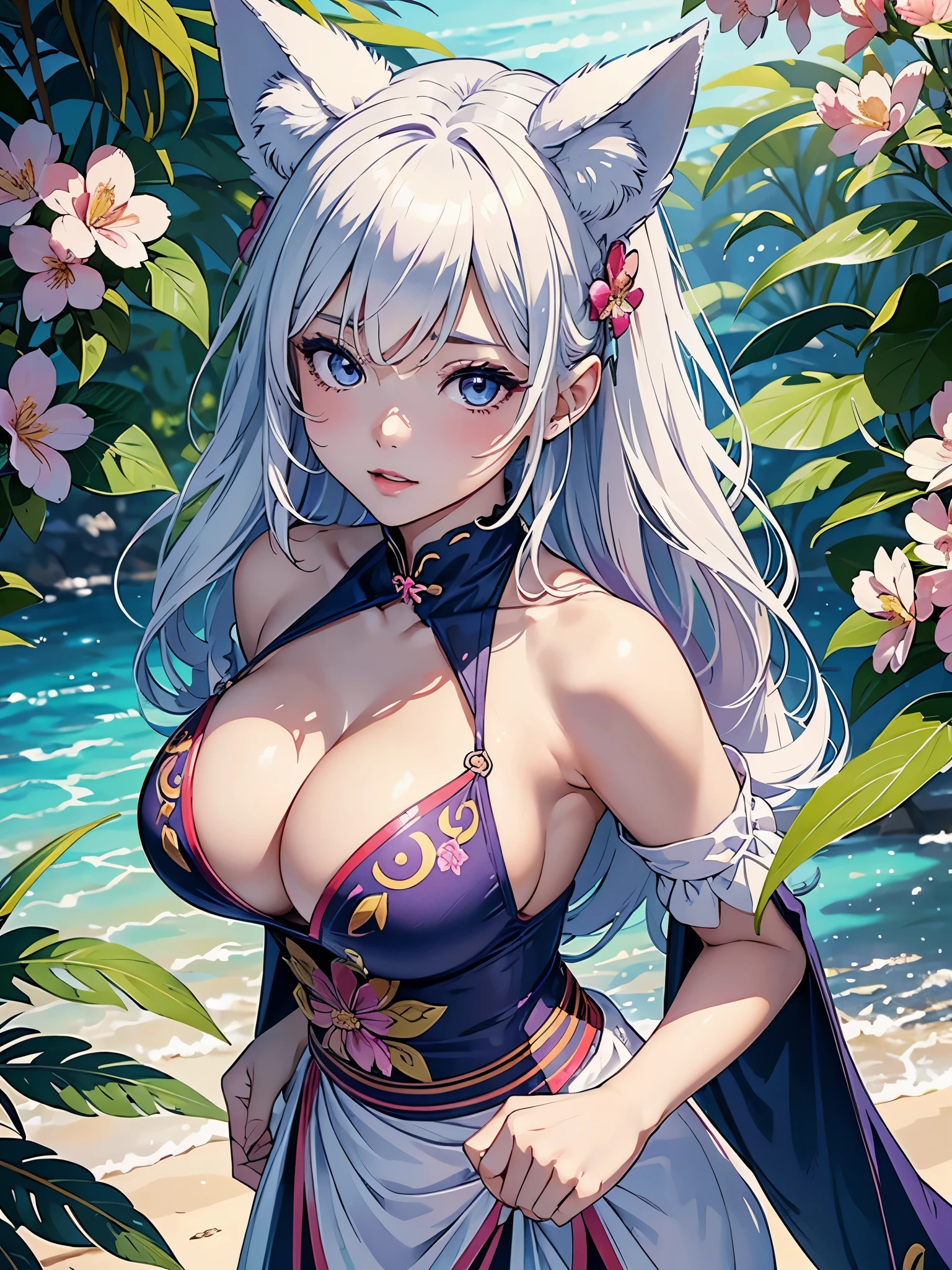 Create pop art style digital artwork、ディテールが施されたfox earsの女の子が特徴です、1 girl、Medium chest、star eyes、blush、Unique、(1 girl: 1.4)、white hair、fox ears、purple eyes、perfect face、Detailed face、Perfect body、beautiful eyes、pretty face、(bright skin: 1.4)、Idol、(whole body)、Priestess in Japanese costume、Street Fashion、coloring scheme、Surrounded by vintage floral patterns、vivid brushstrokes、Emotions must be dynamic、Upper body、、illustration、Grayscale、tropical、Many cherry blossoms、(Super full breasts)(deep cleavage)(Perfect body)(Super full breasts)(deep cleavage)(Perfect body)(Super full breasts)(deep cleavage)(Perfect body)(Super full breasts)(deep cleavage)(Perfect body)(Super full breasts)(deep cleavage)(Perfect body)
