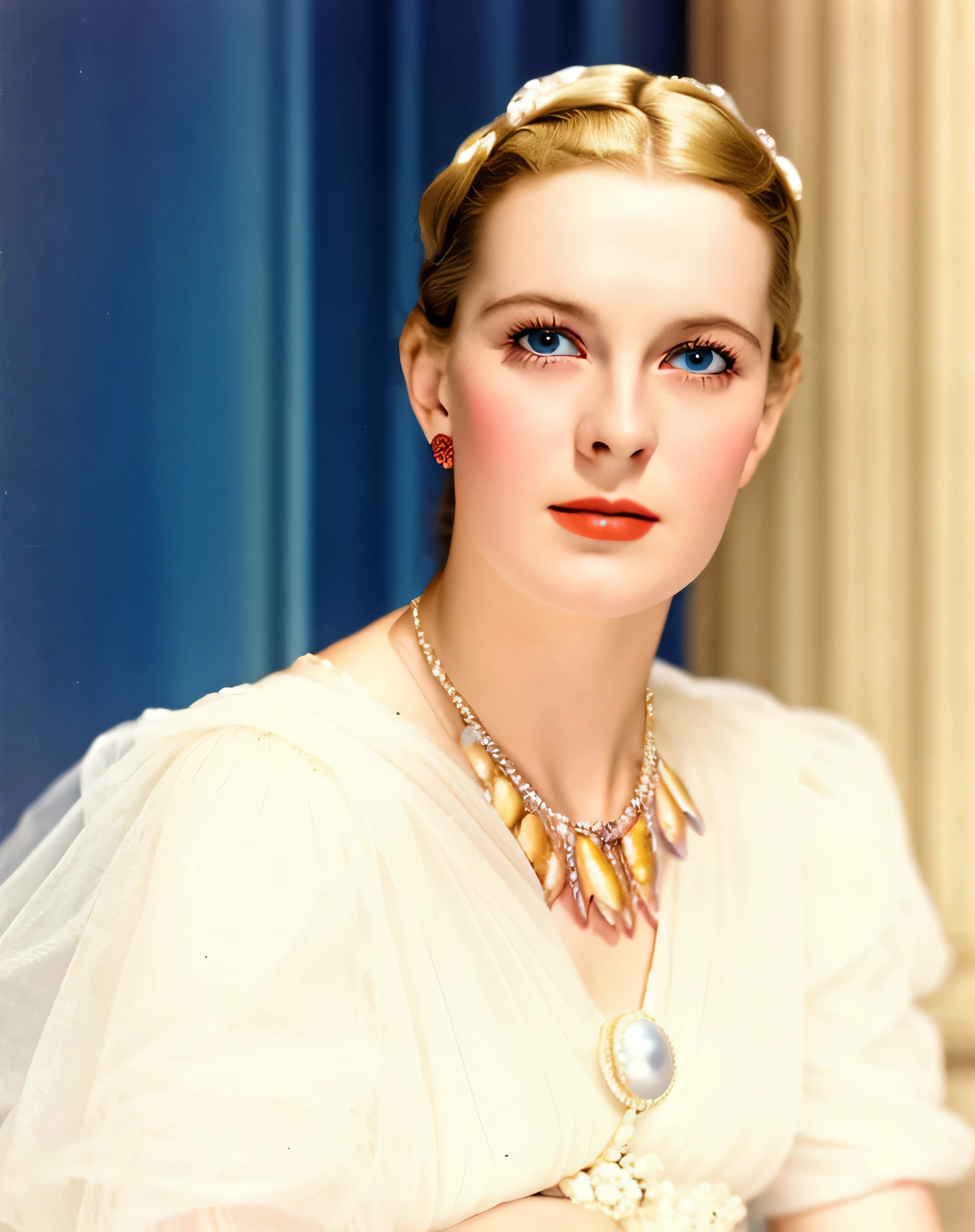 there is a woman in a white dress and a necklace, autochrome pearl portrait, inspired by Júlíana Sveinsdóttir, portrait n - 9, inspired by Anna Füssli, by Anna Füssli, inspired by Méret Oppenheim, by Winona Nelson, catalog photo, a colorized photo, pilar gogar