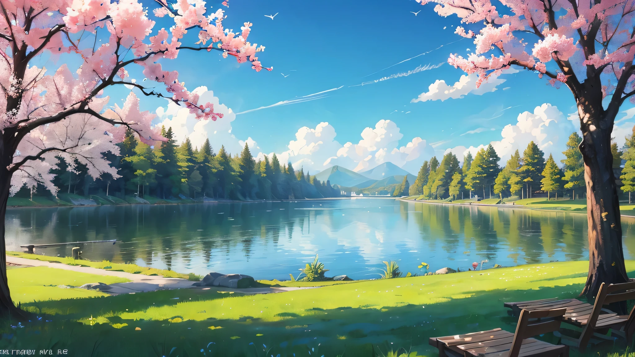 early morning, full of spring, bright blue sky and white clouds,With the blue sky and white clouds by the lake as the background,The lake is surrounded by lawn and gravel,Some trees in the distance are as gentle as jade, laid back, real photography, 16K resolution--auto