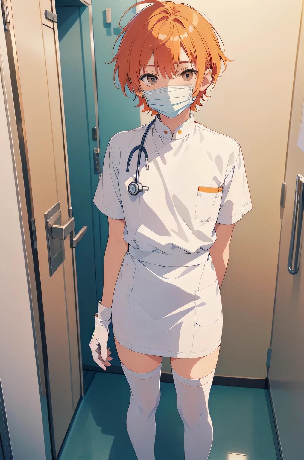 1boy, solo, male focus, nurse, nurse cap, white wear, ((white legwear, zettai ryouiki)), white gloves, short hair, orange hair, ((white surgical mask, covered nose)), standing, ((hospital room)), sharp outline, short sleeves, shota, 12 years old, best quality, masterpiece