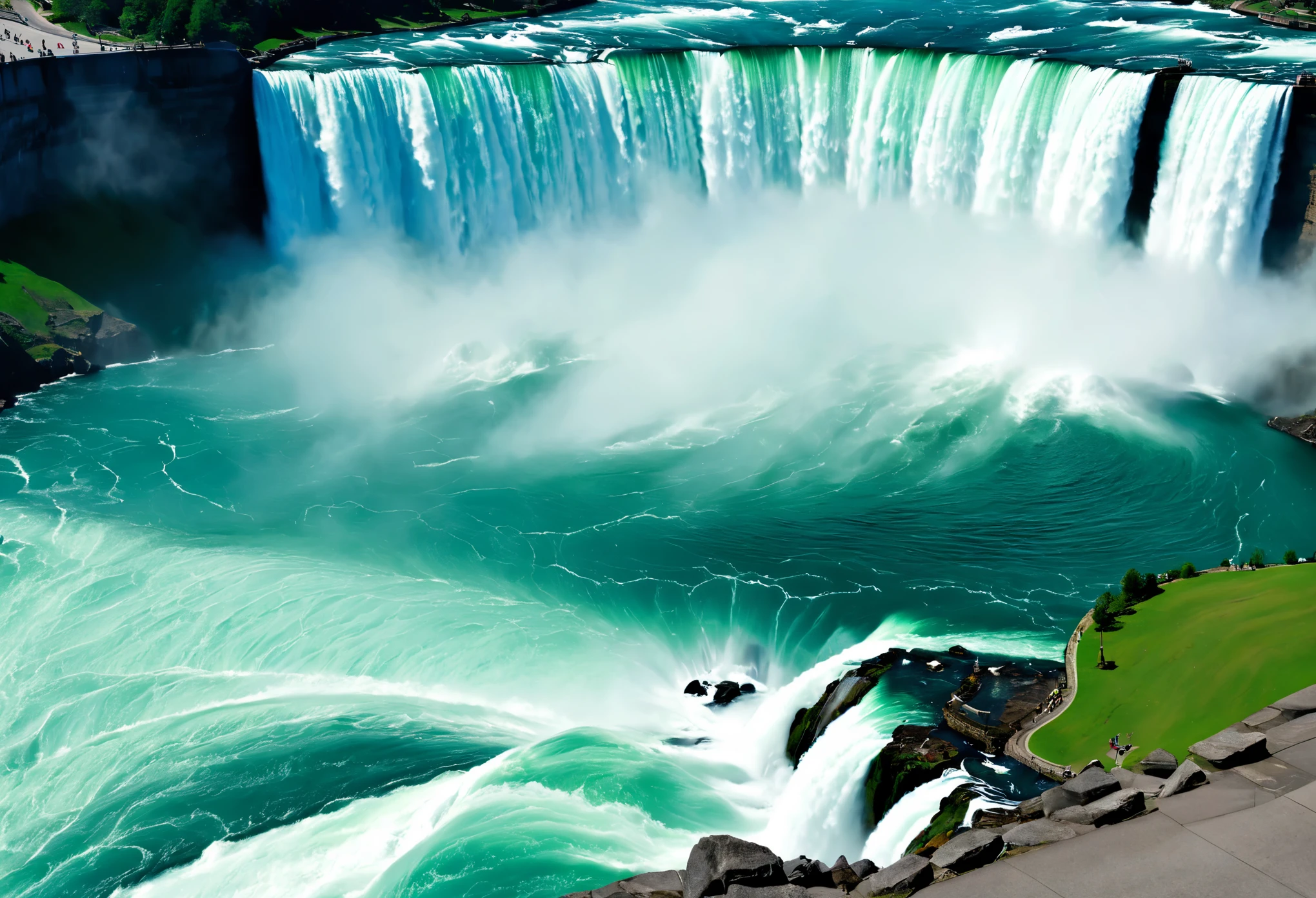 ooking down at the entire Niagara Falls from top to bottom, its shape is quite horseshoe shaped, and this part of the waterfall is called Canada's Horseshoe Falls because 90% of the water inside the waterfall flows into Canada's Horseshoe Falls. The style of minimalist photography, minimalism, art, film, negative space, surrealism, and ukiyo-e by Felicia Simeon and Studio Ghibli