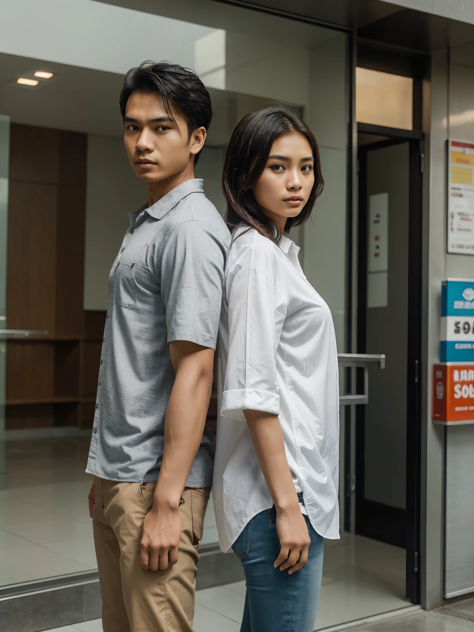 an indonesian man and an indonesian woman standing next to each other, an image, inspired by Adam Dario Keel, which is trending in the cg community, a handsome young indonesian man with a beautiful young indonesian woman, a man dressed in a shirt and a woman dressed in Casual, movie screencap , model elisajes from acquamodels
