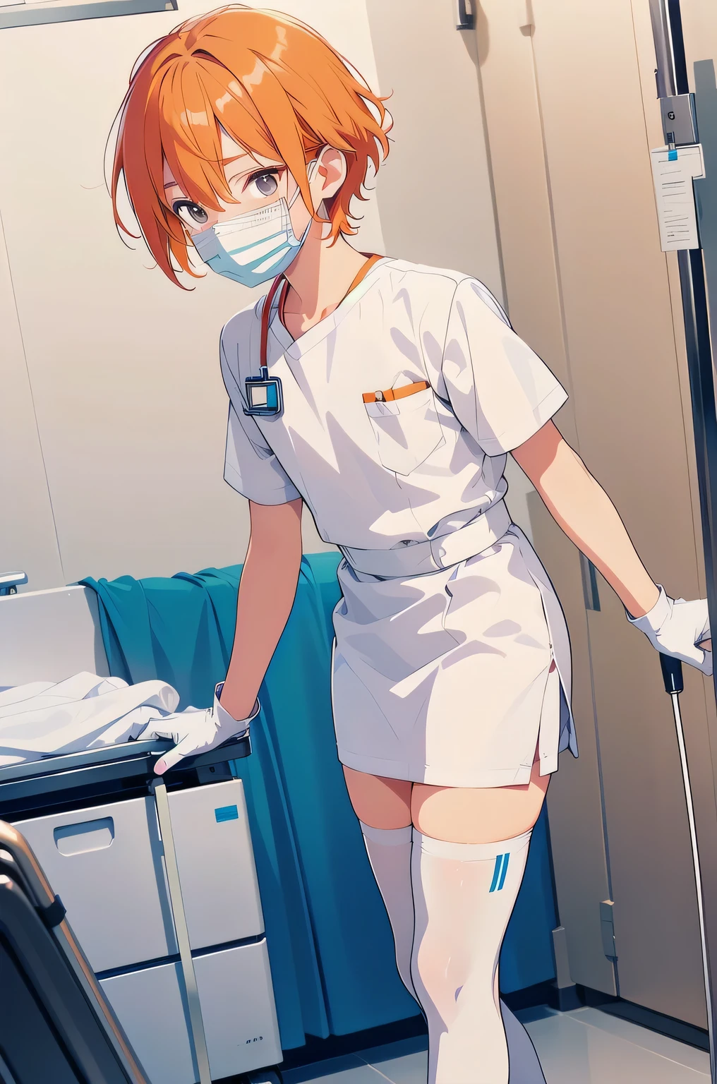 1boy, solo, male focus, nurse, nurse cap, white wear, ((white legwear, zettai ryouiki)), white gloves, short hair, orange hair, ((white surgical mask, covered nose)), standing, ((hospital room)), sharp outline, short sleeves, shota, 12 years old, best quality, masterpiece