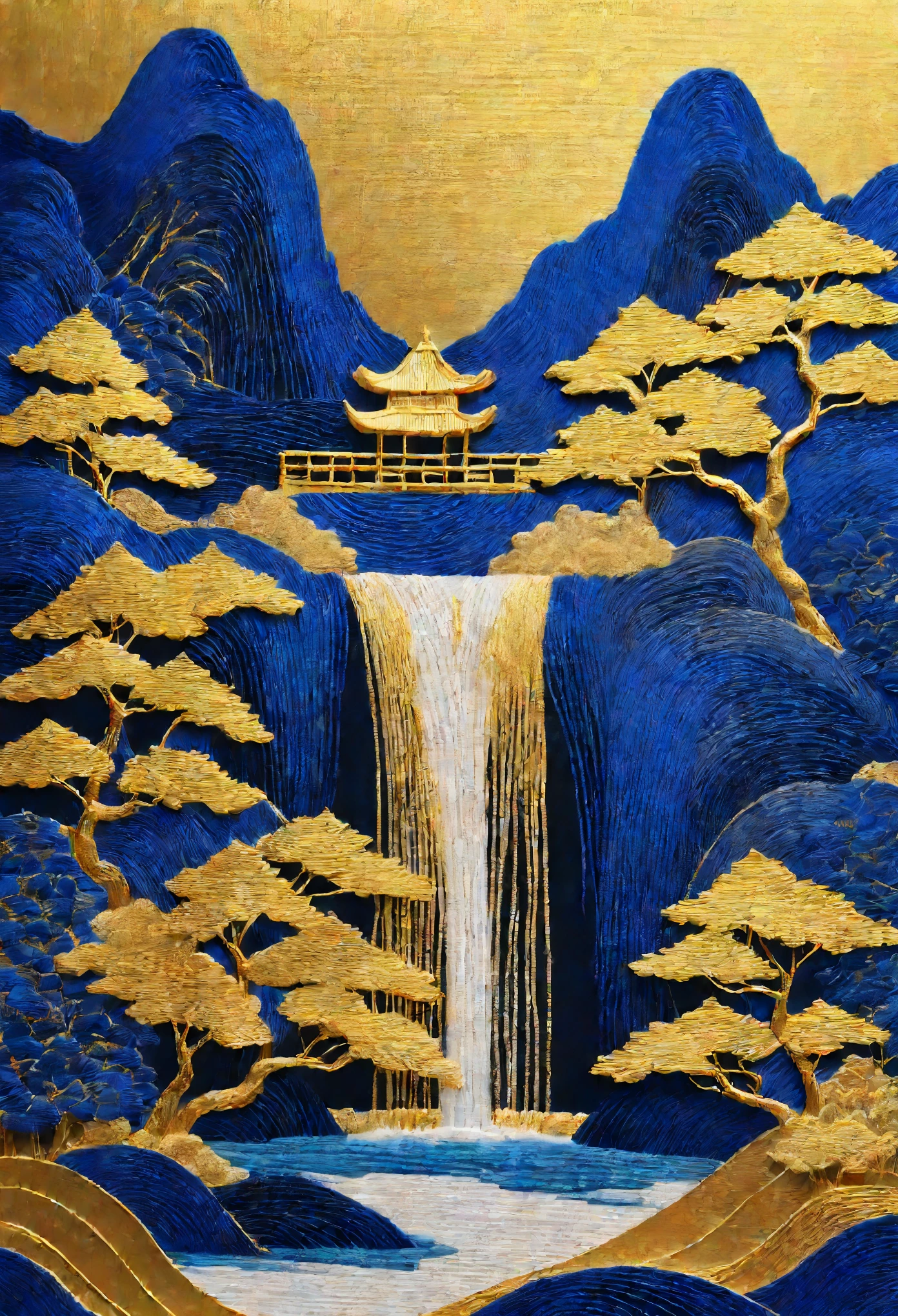 Klein Blue, Golden Blue Waterfall, Mountains, Pavilions, and Trees, Chinese Embroidery Craft, Gold Plating, Flowing Gold, Minimal Color Field, Freehand, White Space, Organic Form, Simple Blue Background,