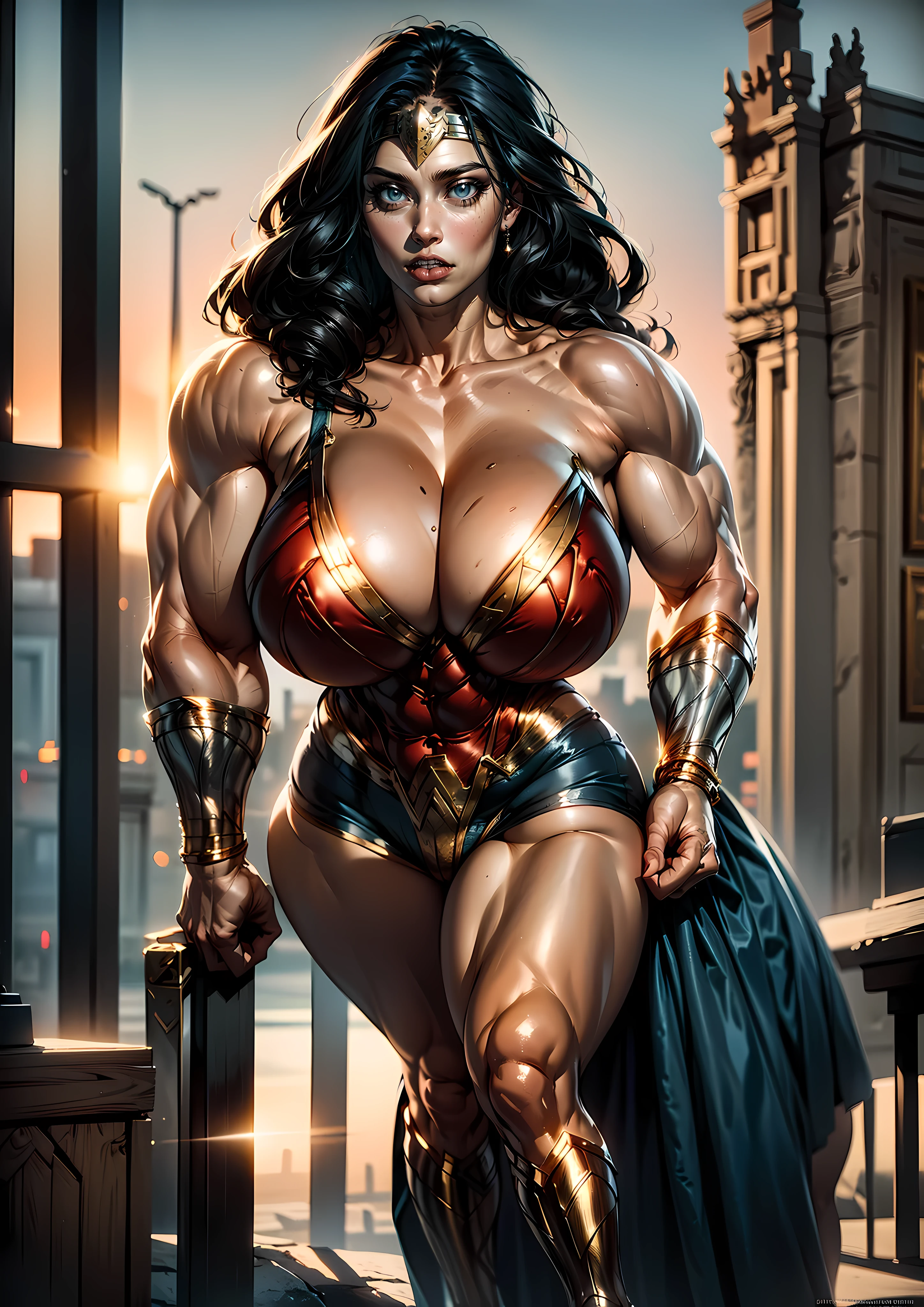 (((((Massive Female Bodybuilder))))), , , 
((((Muscular Quadriceps)))), , , 
((((Huge breasts:1.6)))), , , 
1, , (high resolution,overwhelmingly pixel-perfect,luxurious illustration), (Ultra Quality, Masterpiece, Ethereal:1.4), (Realism:1.2), (Realisitc:1.2), (Absurdres:1.4), 8K, Ultra-Detailed, Detailed Beautiful Mature Face,(Solo:1.4), 1Girl, (Facing Viewer:1.2), intricate body detaililf: 1.4), (Curvy:1.3), Wonder Woman, (intricate details, makeup), (delicate and beautiful delicate face, delicate and beautiful delicate eyes, face with perfect proportions), (shiny skin: 1.0), delicate skin, strong and realistic blue eyes, realistic black hair, lips, makeup, natural skin texture, tiara, jewelry, stars \(symbol\), leotard, silver bracelets, red boots, golden belt, (public clothing: 1.5), bare shoulders, slightly sunburned, Mature, sexy, long legs, curves, cleavage, thin waist, soft waist, (delicate skin), (beautiful and sexy women), (swollen lips: 0.9), (eyelashes: 1.2), perfect body, perfect anatomy, wonder woman for a picture, a character portrait inspired by Mark Brooks,