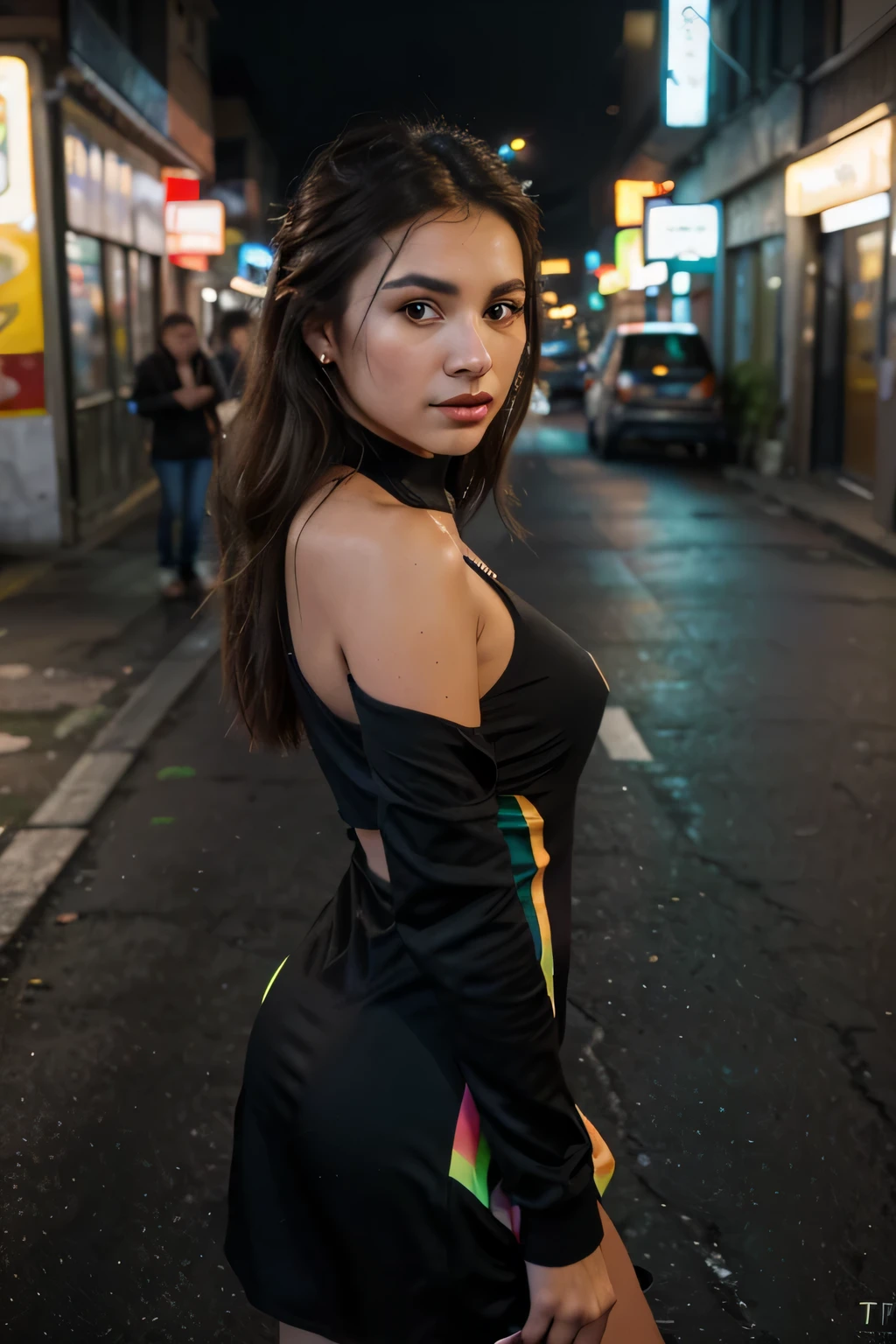 (una chica con un vestido negro,intensidad de primer plano, paisaje urbano,Long brown hair)(Mejor calidad,high resolution,Obra maestra:1.2),(realista,photorealista,photo-realista:1.37),hdR,hd,ultra detallado,studio lighting,physically based rendering,ojos y rostro extremadamente detallados,vivid colors,bokeh,pintura ultrafina,(artistas conceptuales:1.1,tradicional:1.1,tinta:1.1),destello de lente,poca profundidad de campo,mirada intensa,luz artificial,contrast,juego de sombras y luces,reflection,edificios altos,tomorrow,Creative composition,fondo texturizado,tokina at-x 11-16mm f/2.Look and feel of the 8 pro dx ii,Peter Mitchev,asymmetric,lineas curvas,texture overlay,cityscape with glowing neon signs,graffiti callejero,futuristic atmosphere,retro aesthetic,ola de moda)