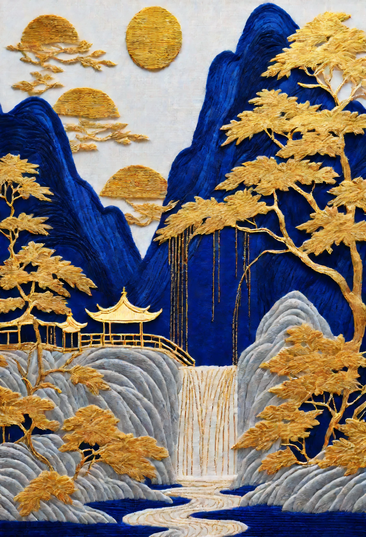 Klein Blue, Golden Blue Waterfall, Mountains, Pavilions, and Trees - Chinese Embroidery Craft, Gold Plated, Flowing Gold, Minimal Color Field, Freehand, White Space, Organic Form, Simple Blue Background