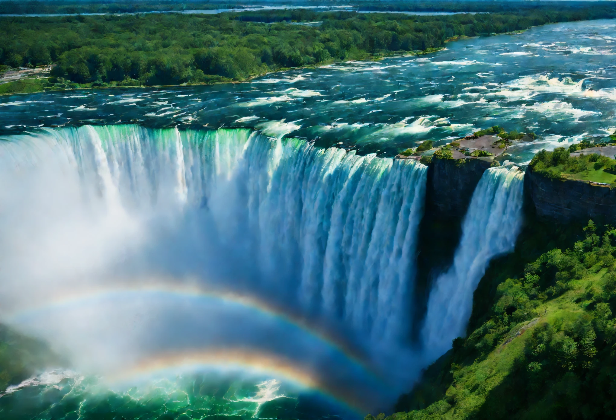 (Best Quality,4K,HD,Masterpiece:1.2),Ultra Fine (Realism:1.37), Niagara Falls is the world's first waterfall and an absolute marvel. The rainbow landscape that forms as the enormous volume of water rushes down creates a truly awe-inspiring spectacle. The falls are so high and wide and fascinating that the sound of the raging water can be heard from 30 kilometers away. The power and magnitude of the water flowing over the falls is breathtaking and is a force of nature that cannot be ignored. The waterfall's combination of natural beauty, vibrant colors and tremendous energy make it an iconic landmark. This breathtaking scene was captured through the medium of photography, ensuring the highest level of detail and realism. The focus is on showcasing the waterfall in its purest form, with the water gushing down and in sharp focus. The crisp detail of the water droplets and the natural surroundings create an immersive experience for the viewer.The use of HDR technology and studio lighting further enhances the quality of the image, bringing each element of the scene to life. Immerse yourself in the natural beauty of Niagara Falls, where the blue hues of the water contrast with the lush green landscape surrounding it. Sunlight creates mesmerizing patterns on the water's surface, witnessing the interplay of light and shadow. The sheer size of the falls emphasizes its grandeur.