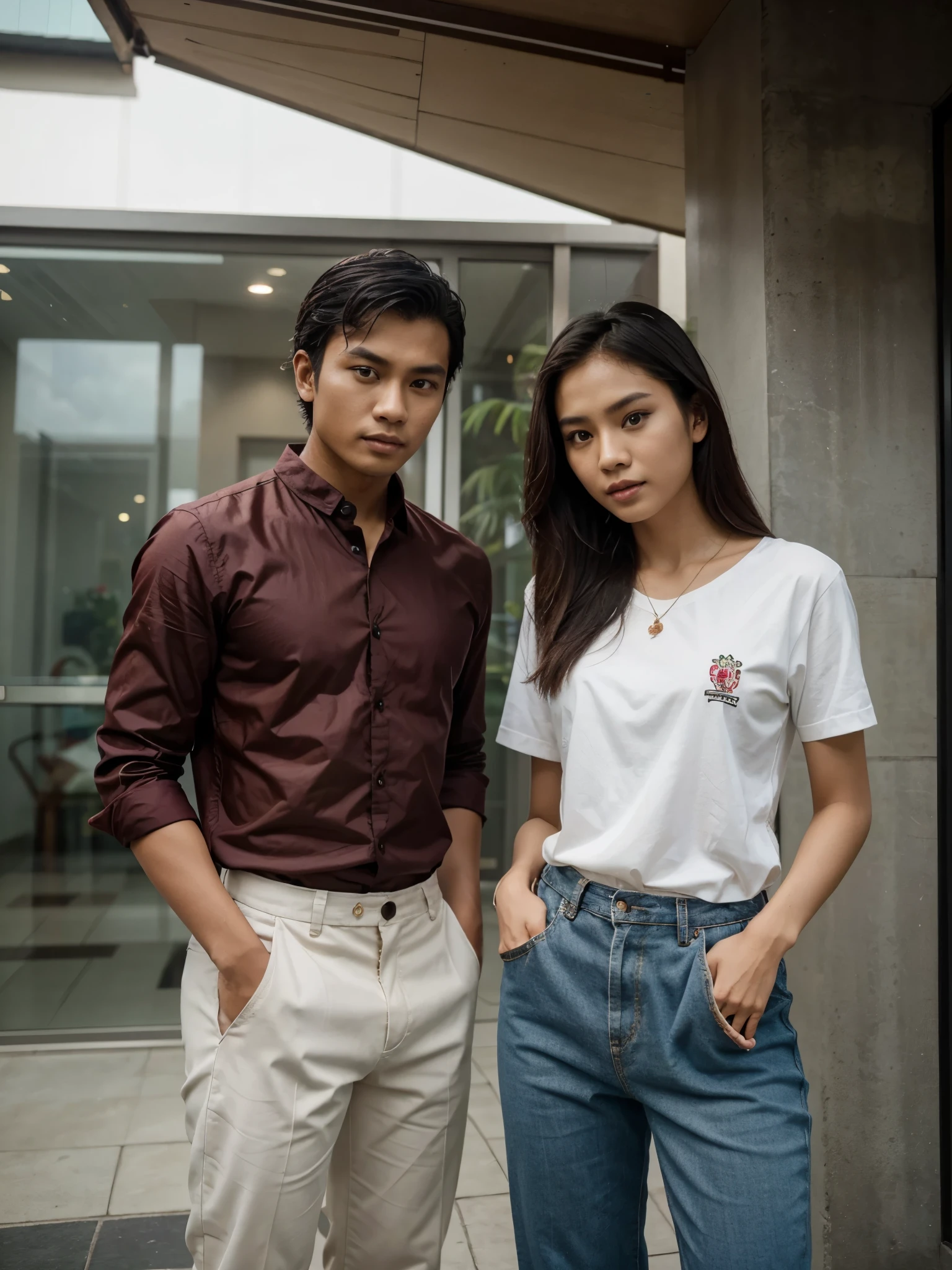 an indonesian man and an indonesian woman standing next to each other, an image, inspired by Adam Dario Keel, which is trending in the cg community, a handsome young indonesian man with a beautiful young indonesian woman, a man dressed in a shirt and a woman dressed in Casual, movie screencap , model elisajes from acquamodels
