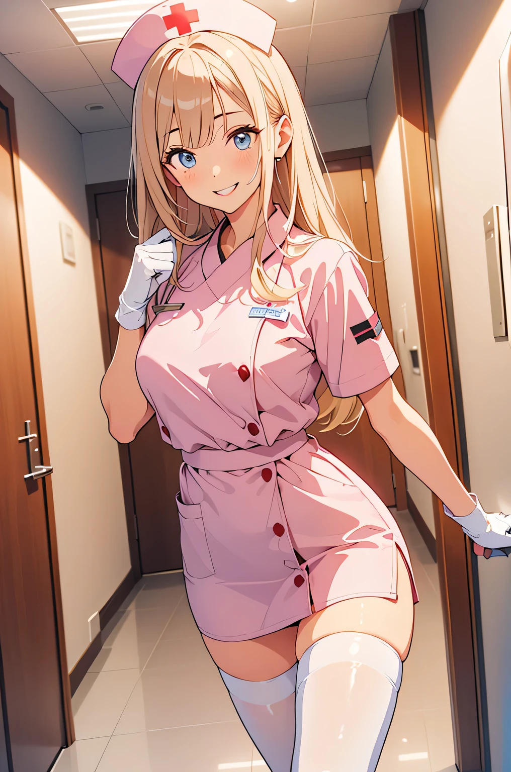 1woman, solo, nurse, nurse cap, white wear, ((white legwear, zettai ryouiki)), white gloves, blonde hair, blue eyes, pink lips, smile, standing, ((hospital room)), sharp outline, short sleeves, mature female, 35 years old, best quality, masterpiece