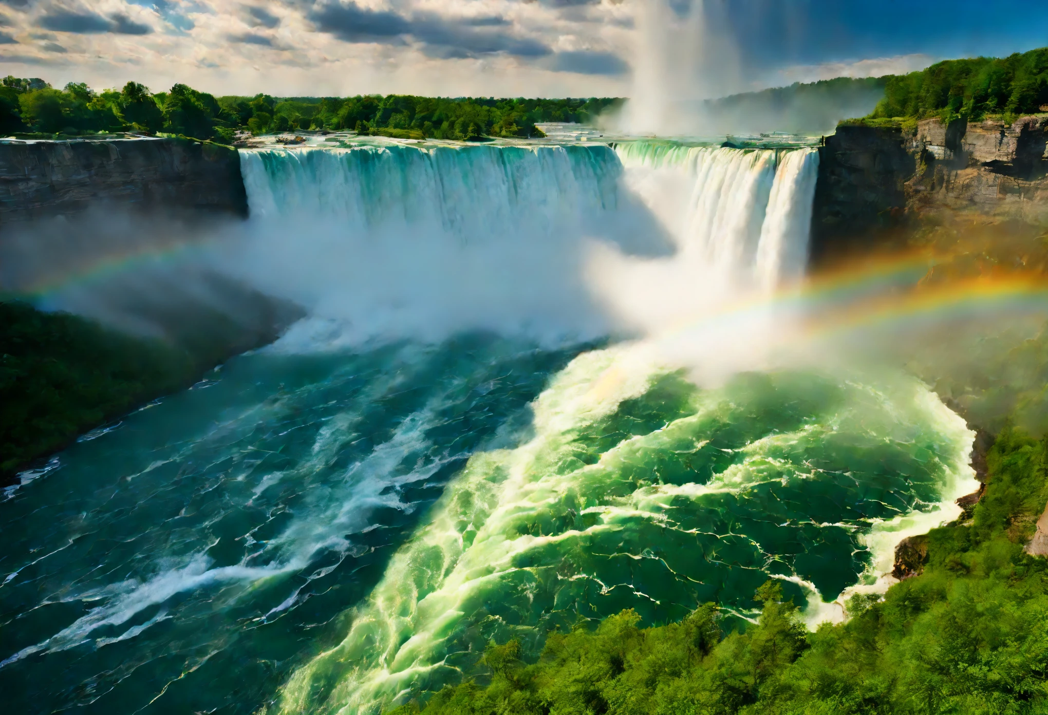 (Best Quality,4K,HD,Masterpiece:1.2),Ultra Fine (Realism:1.37), Niagara Falls is the world's first waterfall and an absolute marvel. The rainbow landscape that forms as the enormous volume of water rushes down creates a truly awe-inspiring spectacle. The falls are so high and wide and fascinating that the sound of the raging water can be heard from 30 kilometers away. The power and magnitude of the water flowing over the falls is breathtaking and is a force of nature that cannot be ignored. The waterfall's combination of natural beauty, vibrant colors and tremendous energy make it an iconic landmark. This breathtaking scene was captured through the medium of photography, ensuring the highest level of detail and realism. The focus is on showcasing the waterfall in its purest form, with the water gushing down and in sharp focus. The crisp detail of the water droplets and the natural surroundings create an immersive experience for the viewer.The use of HDR technology and studio lighting further enhances the quality of the image, bringing each element of the scene to life. Immerse yourself in the natural beauty of Niagara Falls, where the blue hues of the water contrast with the lush green landscape surrounding it. Sunlight creates mesmerizing patterns on the water's surface, witnessing the interplay of light and shadow. The sheer size of the falls emphasizes its grandeur.