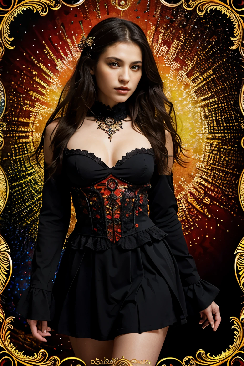 (masterpiece, top quality, best quality, official art, beautiful and aesthetic:1.2), (1girl), extreme detailed,(fractal art:1.3),colorful,highest detailed A demon whore with orange eyes and only a red and black dress and hair black 