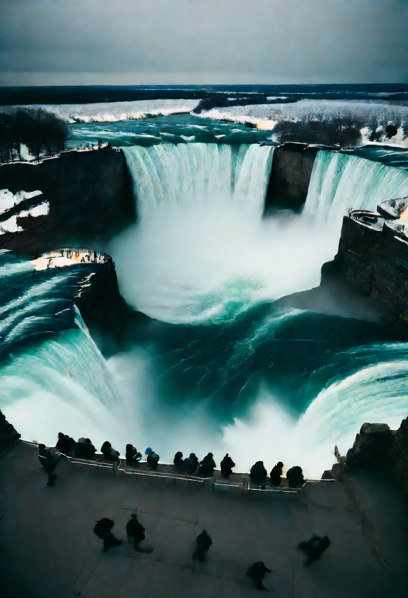 Looking down at the entire Niagara Falls from top to bottom, its shape is quite horseshoe shaped, and this part of the waterfall is called Canada's Horseshoe Falls because 90% of the water inside the waterfall flows into Canada's Horseshoe Falls. The style of minimalist photography, minimalism, art, film, negative space, artistic dark style, surrealism by Felicia Simeon and Studio Ghibli, Ukiyo-e-s 200-ar 9:16-Chaos 15-version 5.2