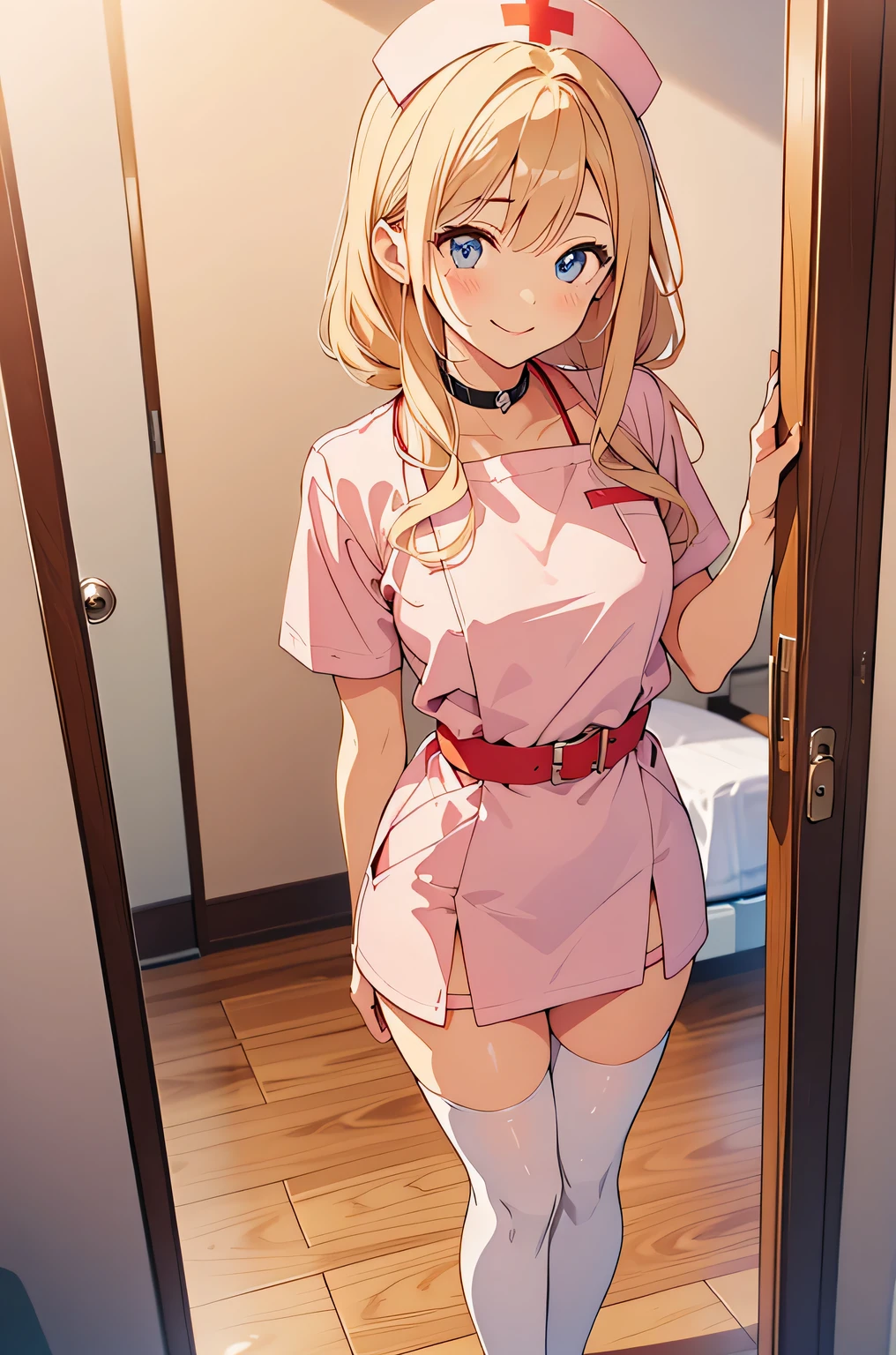 1woman, solo, nurse, nurse cap, white wear, ((white legwear, zettai ryouiki)), white gloves, blonde hair, blue eyes, pink lips, smile, standing, ((hospital room)), sharp outline, short sleeves, mature female, 35 years old, best quality, masterpiece