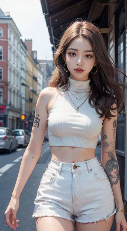 Beautiful girl college student,masterpiece,Light makeup,red lips,silver hair,messy long hair,street background,beautiful,grace。Super fine detail,work,Authentic texture,Realistic movie lighting,perfect work,8k,HD,Exquisite facial features,White skinny turtleneck top,White skinny shorts,slim figure,big bright eyes,,earring,necklace,Tattoos are