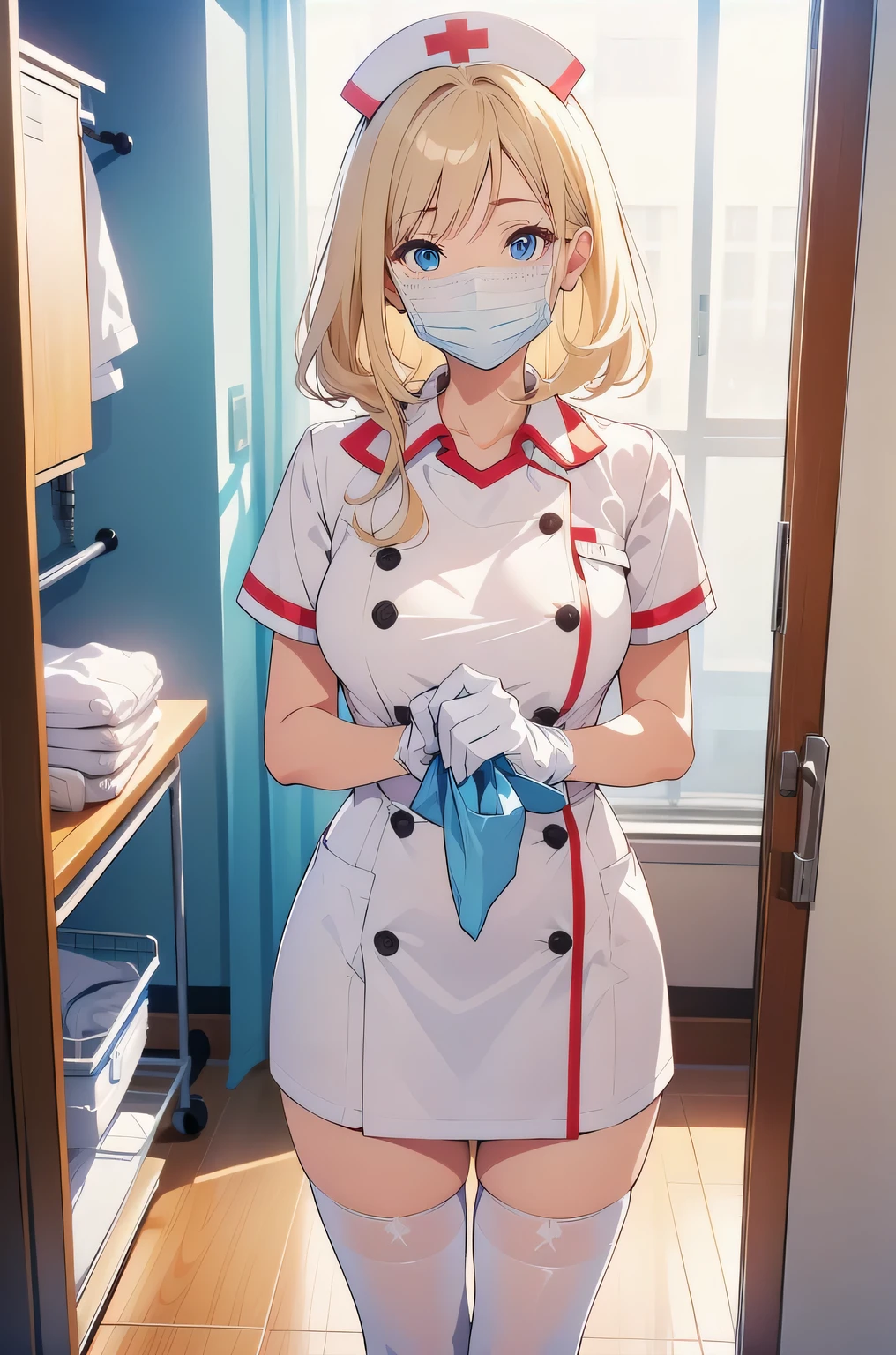 1woman, solo, nurse, nurse cap, white wear, ((white legwear, zettai ryouiki)), white gloves, blonde hair, blue eyes, ((white surgical mask, covered nose)), standing, ((hospital room)), sharp outline, short sleeves, mature female, 35 years old, best quality, masterpiece