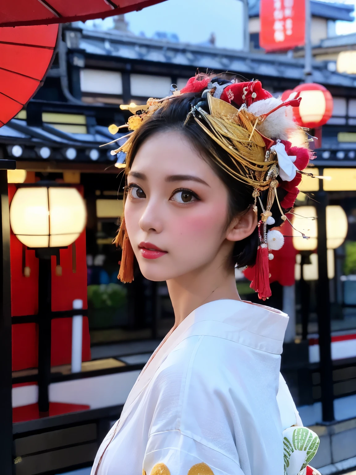 ((highest quality, 16k, masterpiece: 1.3)), 1 girl, (face focus: 1.2, written boundary depth), beautiful woman with perfect figure: 1.4, thin abs: 1.2, (((short bob hair)), ((small: 1.1)), ((beautiful face idol: 1.3)), ((Kimono 1.5 (transparent white fabric)), Highly detailed face and skin texture, fine eyes, double eyelid, (((temporarily stop)), (attractive), walk, Kyoto cityscape,