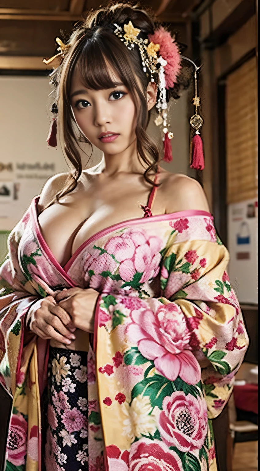 table top, highest quality, shape, Super detailed, finely, High resolution, 8k wallpaper, 完璧なダイナミックな構shape, beautiful and detailed eyes, kimono, off shoulder, cleavage, whole body