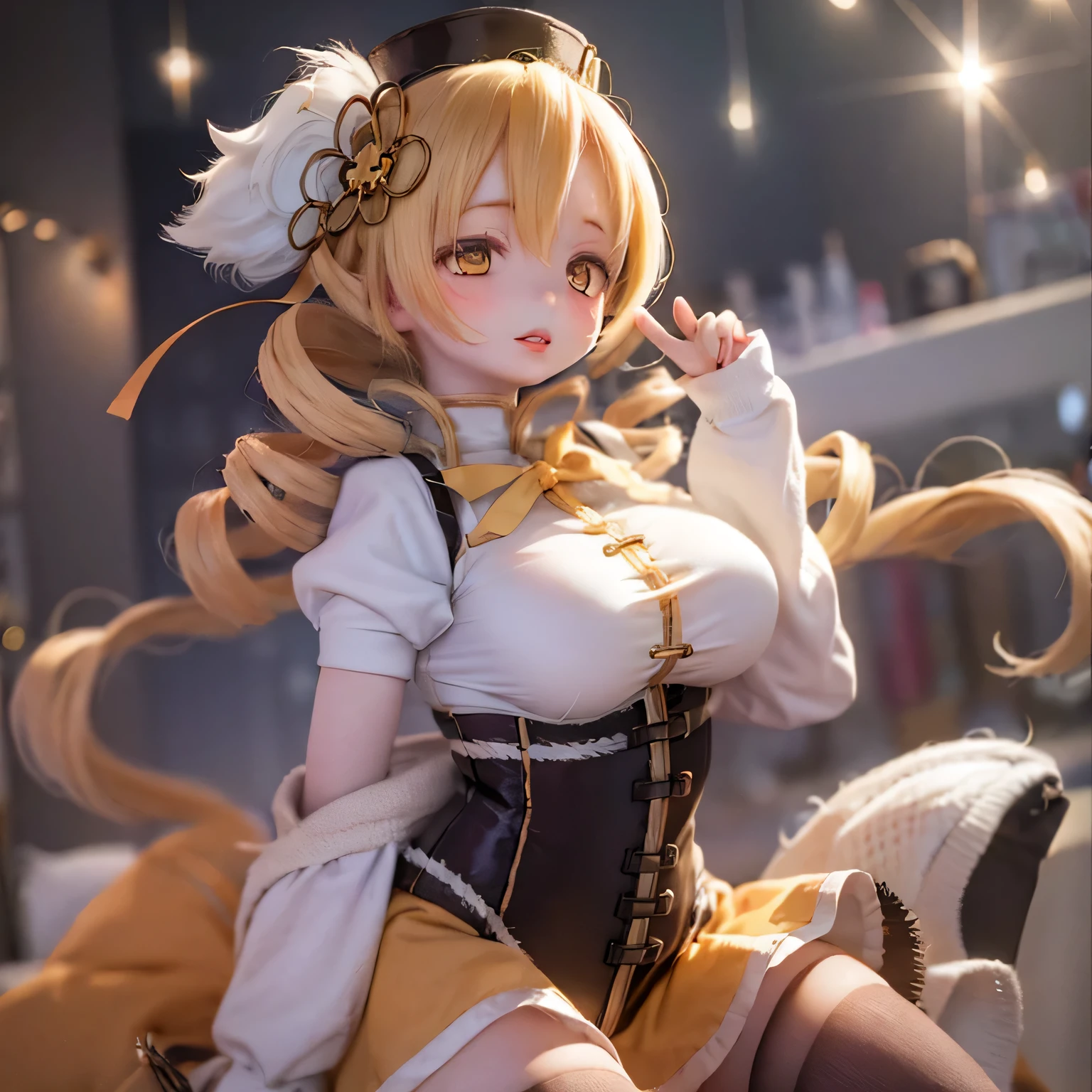 (best quality,ultra-detailed,masterpiece:1.2),expressive eyes,perfect face,beautiful Mami Tomoe,sofisticated pose,long pink hair,golden eyes, pink lips,detailed magical girl costume,dark background,glowing ,anime style,vibrant colors,mysterious aura cute (((((thick lips)))))(curvy)full body Voluptuous Body Figure show your butt(((((sleep on bed)))))zoom tits