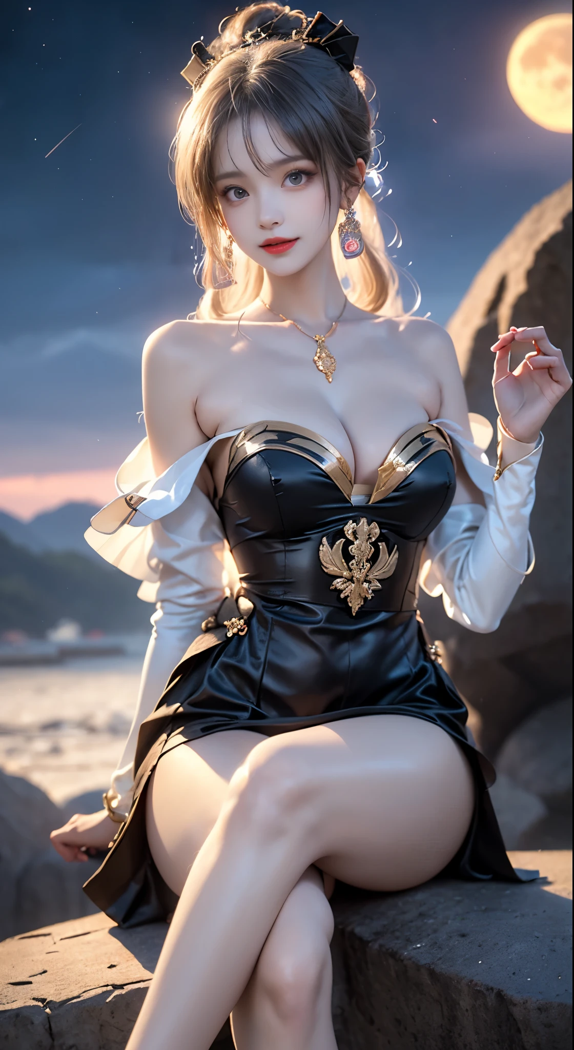 ayaka,genshin impact,kamisato ayaka, ((bare shoulders)), ((whole body)), actual, fashion girl, red lips, mature women, cosmetics, big eyes, beautiful eyes, ((whole body)), ((from below)), (best quality, masterpiece:1.2), Super detailed, (actual:1.37), ((Sexy long legs)), beautiful, young and energetic, Charming model with, big breasts, cleavage, (delicate eyes, Detailed lips, extremely delicate eyes), show a bright smile, Create stunning girl images, Warm colors, Extremely high color saturation, official art, Extremely detailed CG unified 8k wallpaper,(high dynamic range :1.4), (cinematic),(pastel colors, dull color, soothing tone :1.3), (natural skin texture, ultra-actual, soft light, sharp),(Very detailed), night, moonlight, ((in the mountains, plant, Leaning against the rocks))