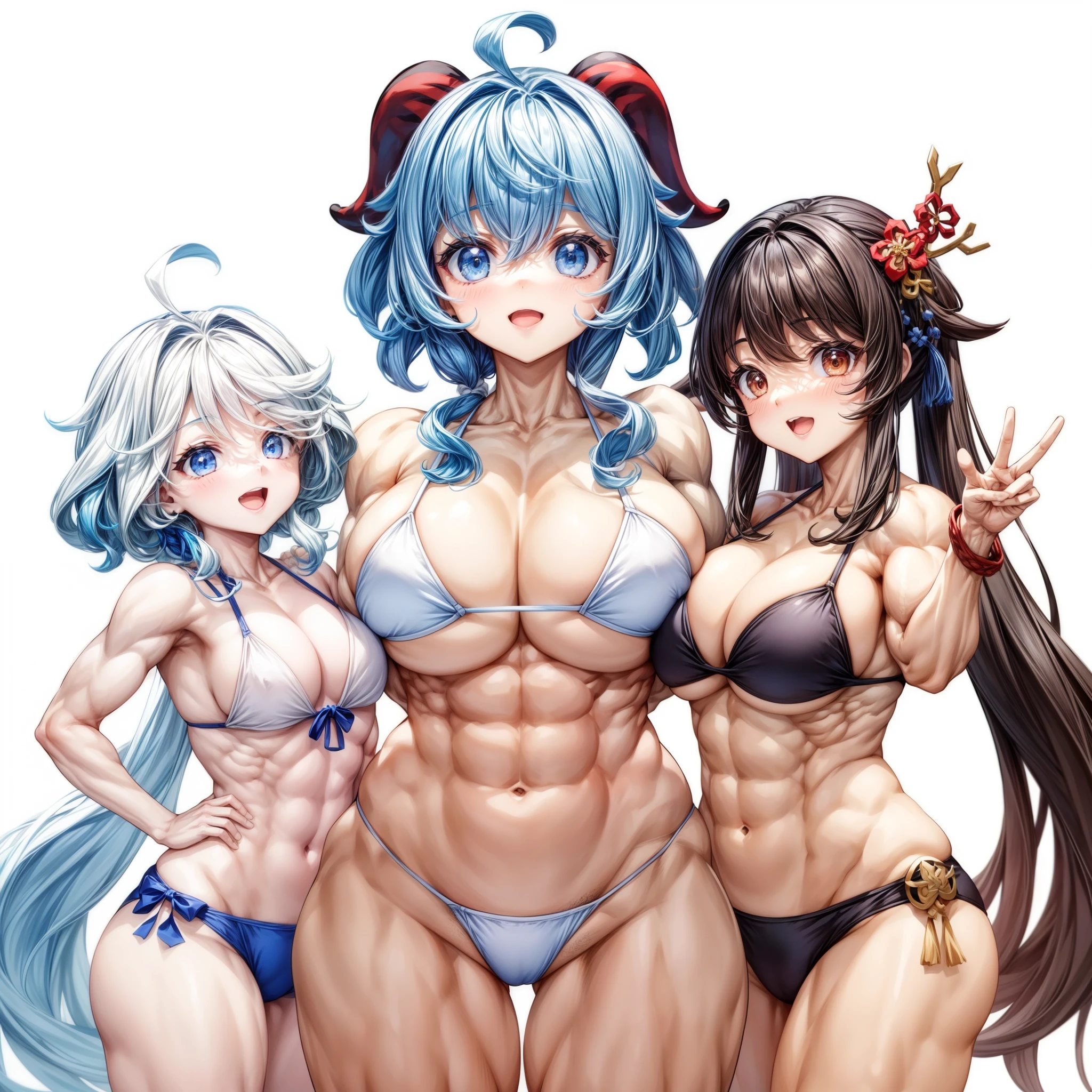 3girls,muscular female,,muscular ,biceps,,thick arm,biceps,(furina, hu tao,ganyu),happy,swimsuit,abs