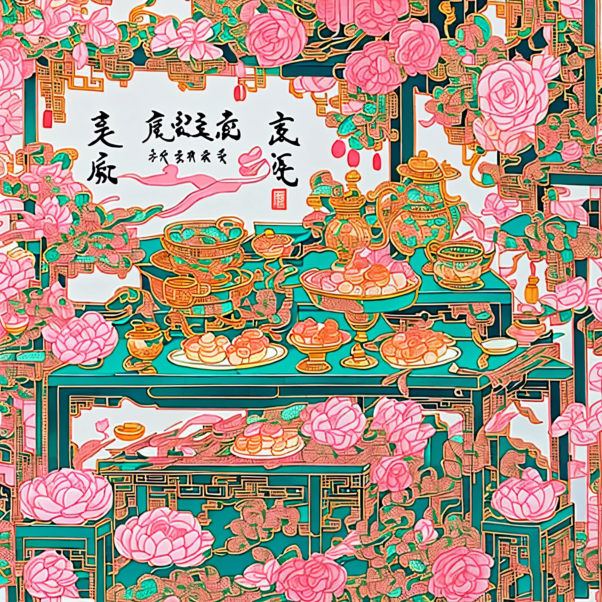 spring,Chinese pastry，Gold ingot，porcelain，pastry table，New Chinese style，get rich,pink,green,Ink illustration