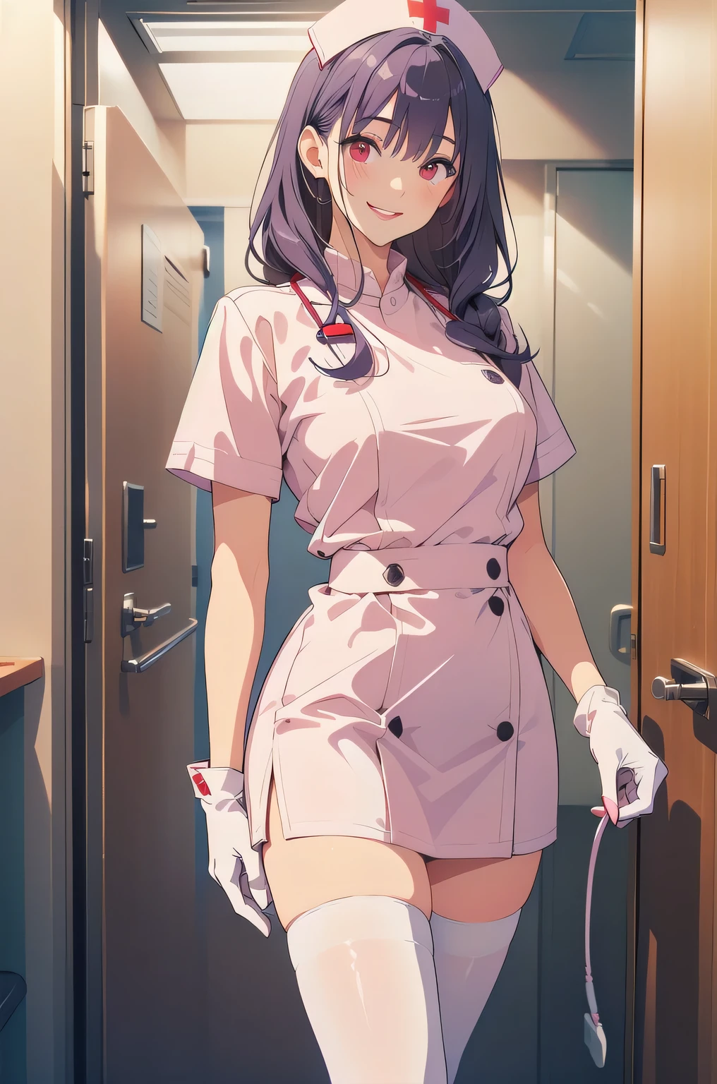 1woman, solo, nurse, nurse cap, white wear, ((white legwear, zettai ryouiki)), white gloves, long hair, purple hair, red eyes, pink lips, smile, standing, ((hospital room)), sharp outline, short sleeves, mature female, 35 years old, best quality, masterpiece