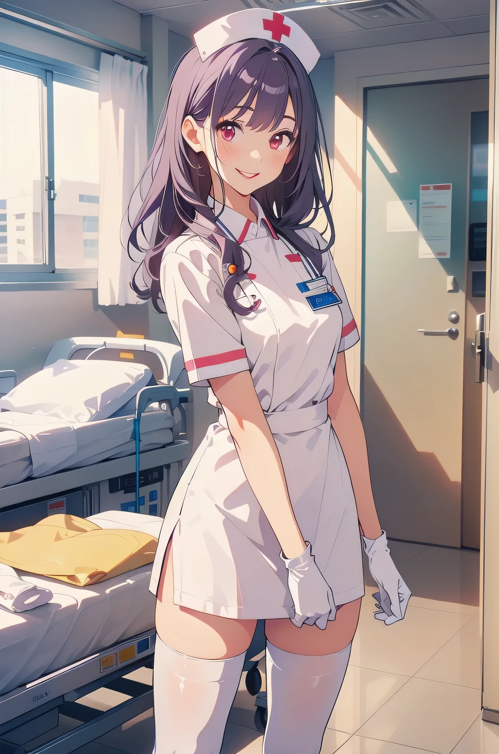 1woman, solo, nurse, nurse cap, white wear, ((white legwear, zettai ryouiki)), white gloves, long hair, purple hair, red eyes, pink lips, smile, standing, ((hospital room)), sharp outline, short sleeves, mature female, 35 years old, best quality, masterpiece