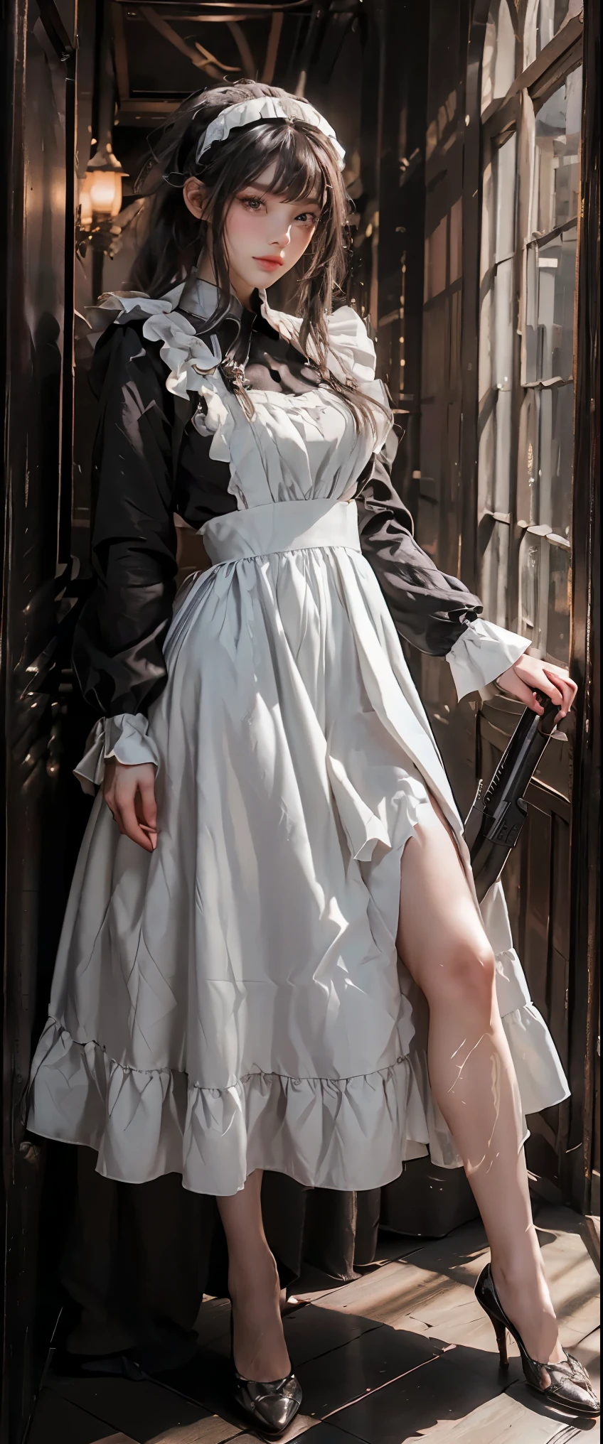 masterpiece、highest quality、High resolution、photorealistic、High resolution、Raw photo、(A maid standing in the hallway of a luxurious mansion)、((1girl、Young woman hiding in the corner of the hallway、detailed face and eyes、beautiful face、ponytail、shiny skin、realistic skin texture、wearing a maid costume、hold a gun、dynamic pose、long sleeve、 big breasts、big ass))、((black maid dress、long sleeve、long skirt、white apron、headdress、high heels))、