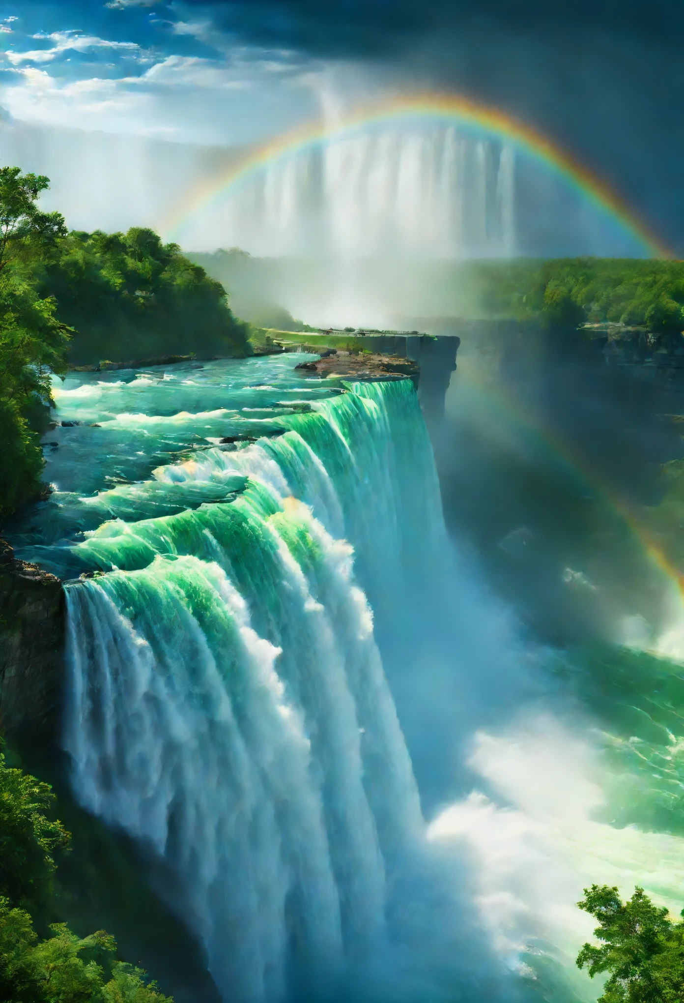 (Best Quality,4K,HD,Masterpiece:1.2),Ultra Fine (Realism:1.37), Niagara Falls is the world's first waterfall and an absolute marvel. The rainbow landscape that forms as the enormous volume of water rushes down creates a truly awe-inspiring spectacle. The falls are so high and wide and fascinating that the sound of the raging water can be heard from 30 kilometers away. The power and magnitude of the water flowing over the falls is breathtaking and is a force of nature that cannot be ignored. The waterfall's combination of natural beauty, vibrant colors and tremendous energy make it an iconic landmark. This breathtaking scene was captured through the medium of photography, ensuring the highest level of detail and realism. The focus is on showcasing the waterfall in its purest form, with the water gushing down and in sharp focus. The crisp detail of the water droplets and the natural surroundings create an immersive experience for the viewer.The use of HDR technology and studio lighting further enhances the quality of the image, bringing each element of the scene to life. Immerse yourself in the natural beauty of Niagara Falls, where the blue hues of the water contrast with the lush green landscape surrounding it. Sunlight creates mesmerizing patterns on the water's surface, witnessing the interplay of light and shadow. The sheer size of the falls emphasizes its grandeur.