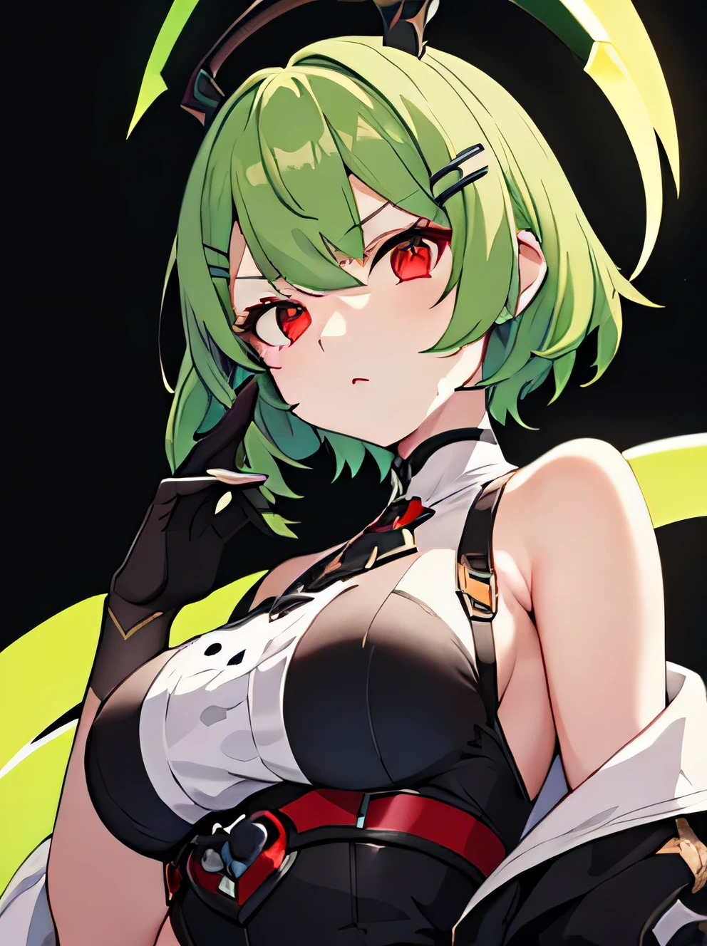 masutepiece, best_quality, 1girl in, Solo, Gumi, goggles on head, Navel, lift, Serious,Dark look,Looking here