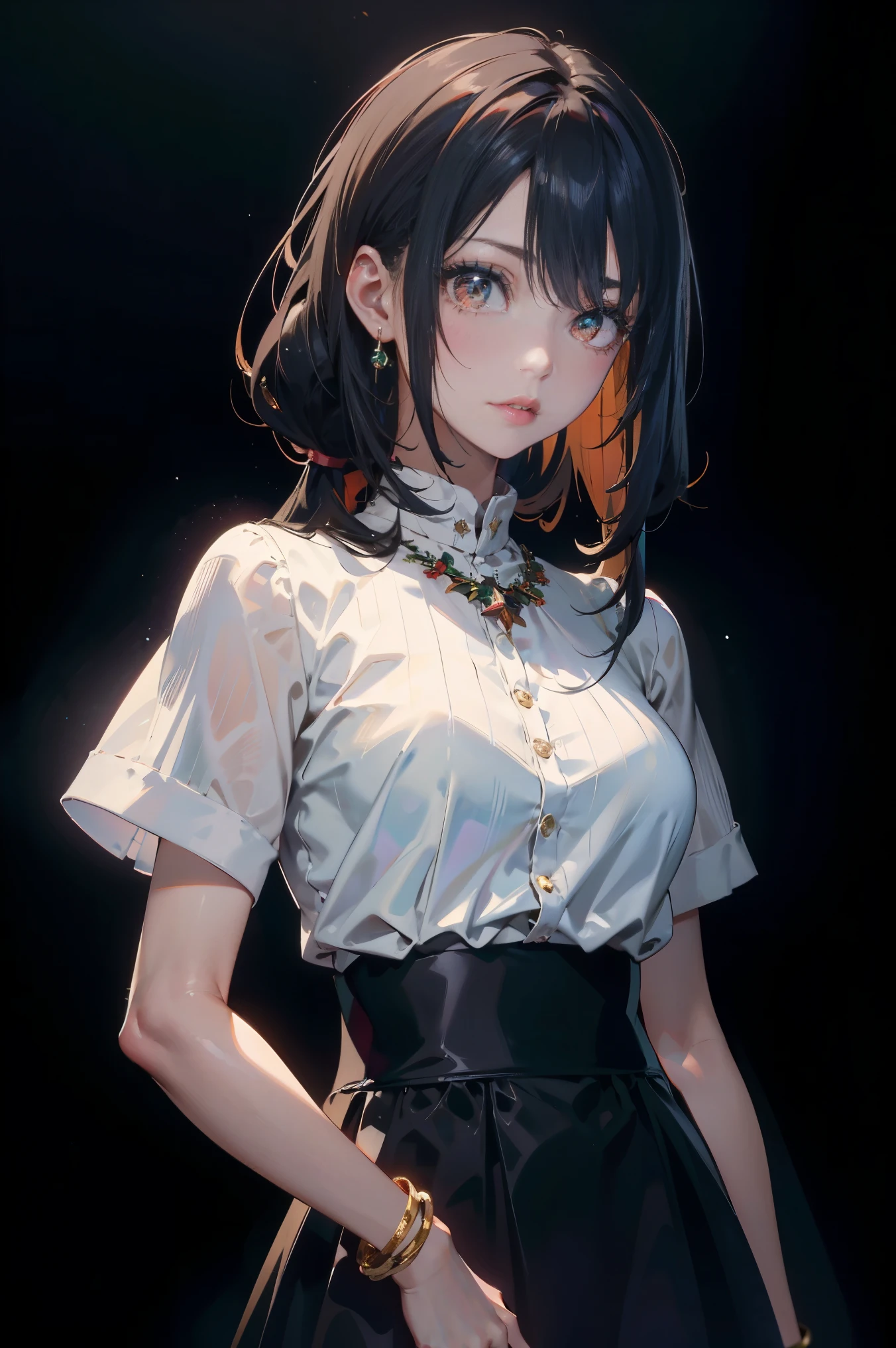 a 20 yo woman、Black blue Hair、poneyTail、(hi-top fade:1.3)、dark themed、Muted Tones、Subdued Color、highly contrast、(natural skin textures、Hyper-Realism、Soft light、sharp)、makeup, mascara, Lips are subdued or colors, simple black background, Minimalism, monotone, simple color palettes, Clean, sharp designs, flowing silhouettes, Tight skirts and pants, high-waisted skirts and pants, simple dresses, shirts and blouses, asymmetrical, geometric, Elegant and luxurious materials and designs, Simple, minimal accessories, Slim necklaces and rings in silver or gold, Simple bangles, Distinctive designs, simple silhouettes, simple and sophisticated style, elegance, minimalism, high quality materials, cool and urban impression, high fashion, simplicity and sophistication,Santa Costumes、Christmas、Christmas cosplay、The background is a Christmas tree、