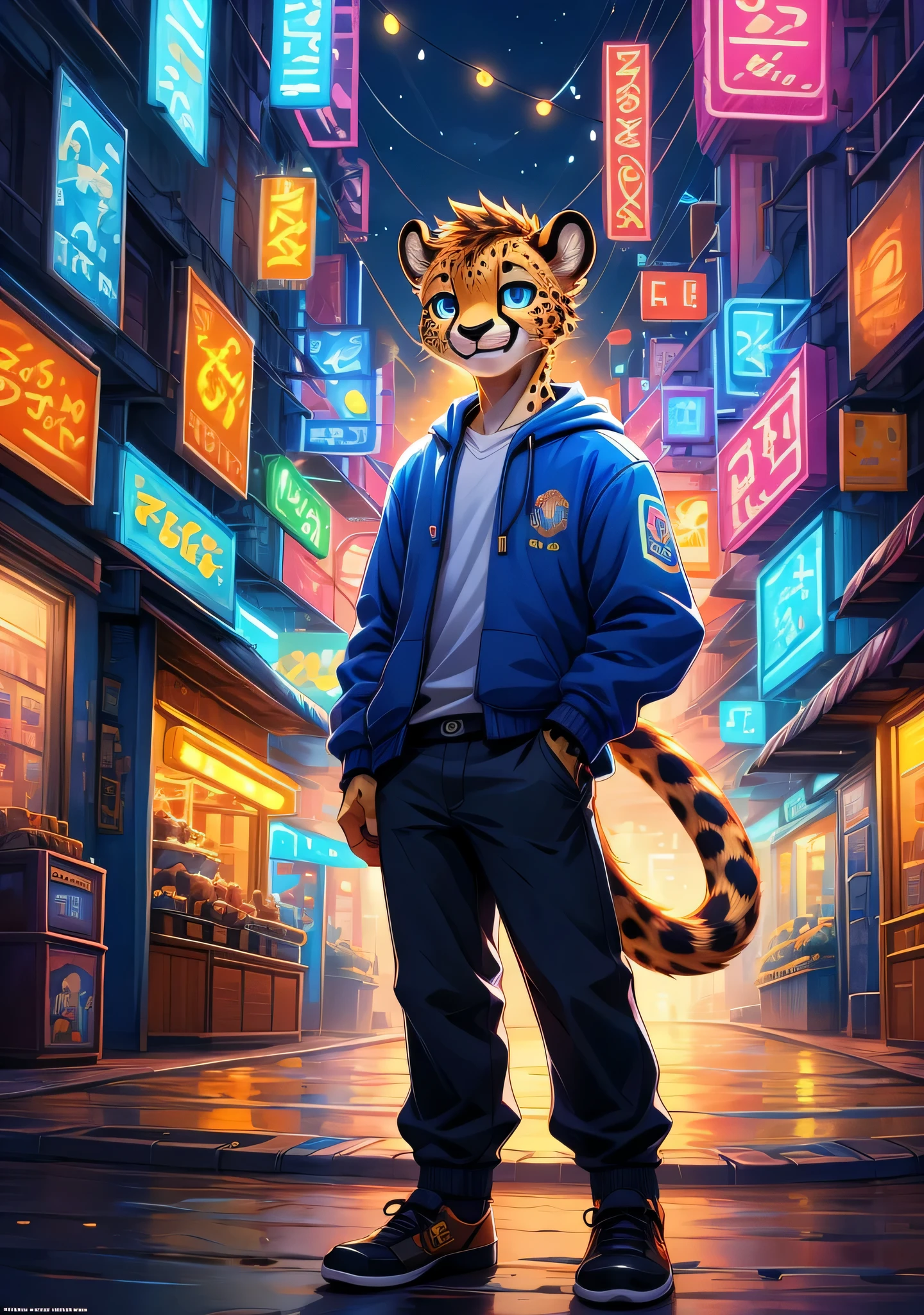 panoramic, Character Focus Solo, whole body, Bright Eyes, long tail, young male cheetah, casual wear, Temporal, smiling face, blue eyes, teenager, cute face, One meter seven, Handsome, young style, night, neon city street, masterpiece, Very detailed, Bright colors,