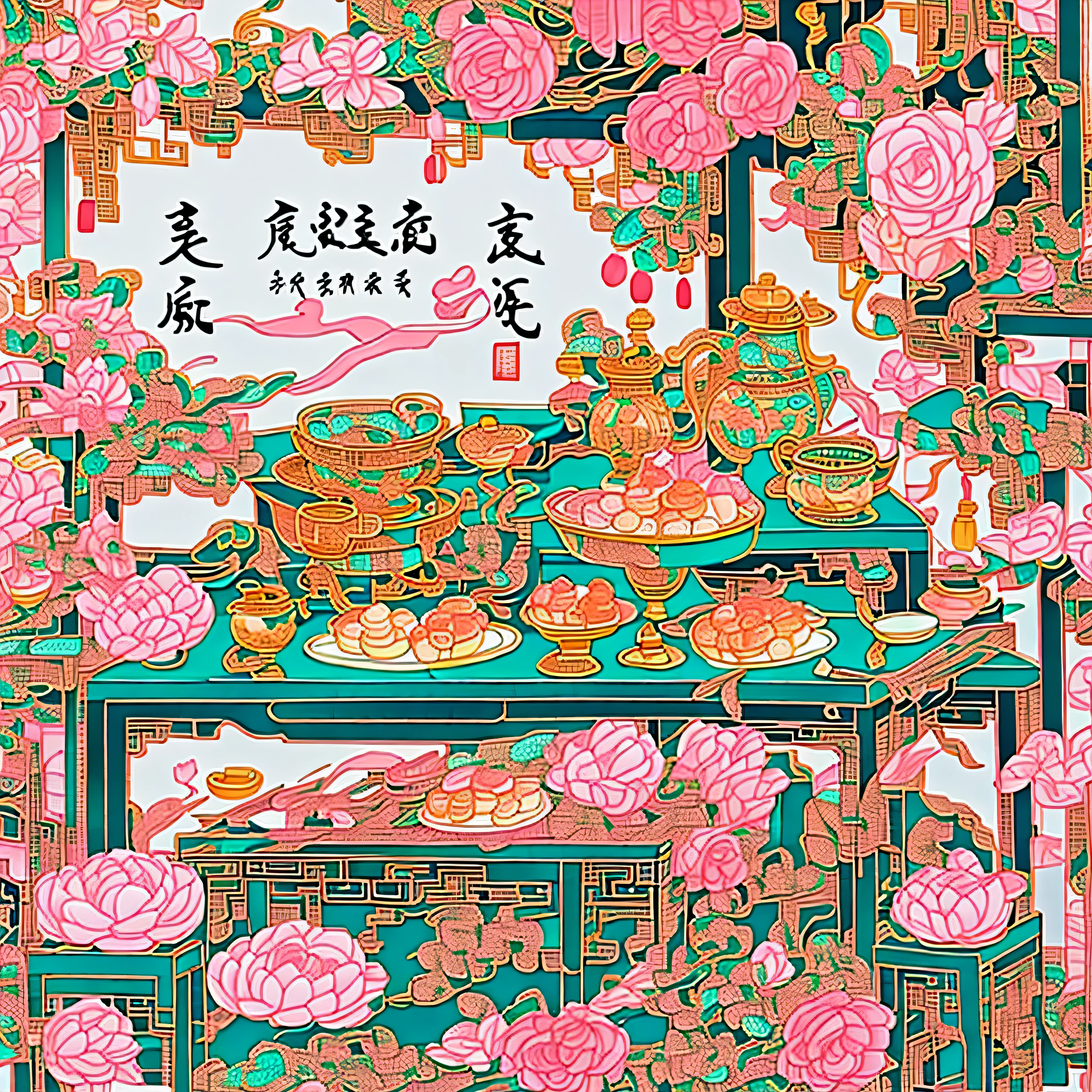 spring,Chinese pastry，Gold ingot，porcelain，pastry table，New Chinese style，get rich,pink,green,Ink illustration