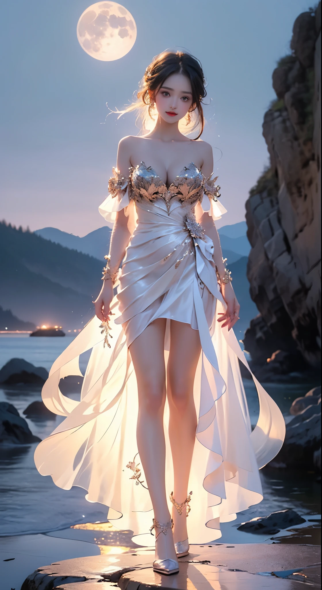 luminescent, ((bare shoulders)), ((whole body)), actual, Fashion girl, red lips, adult, cosmetics, big eyes, fair eyes, ((whole body)), ((from below)), (best quality, masterpiece:1.2), super detailed, (actual:1.37), ((Sexy long legs)), fair, young and energetic, Charming model with, big breasts, split, (exquisite eyes, delicate lips, extremely exquisite eyes), Show a bright smile, Create stunning girl images, Warm colors, Extremely high color saturation, official art, Extremely detailed CG unified 8K wallpaper,(high dynamic range :1.4), (cinematic),(pastel colors, The color is dull, soothing tone :1.3), (natural skin texture, ultra-actual, soft light, sharp),(Very detailed), night, moonlight, ((in mountains, plant, Leaning against the rocks))