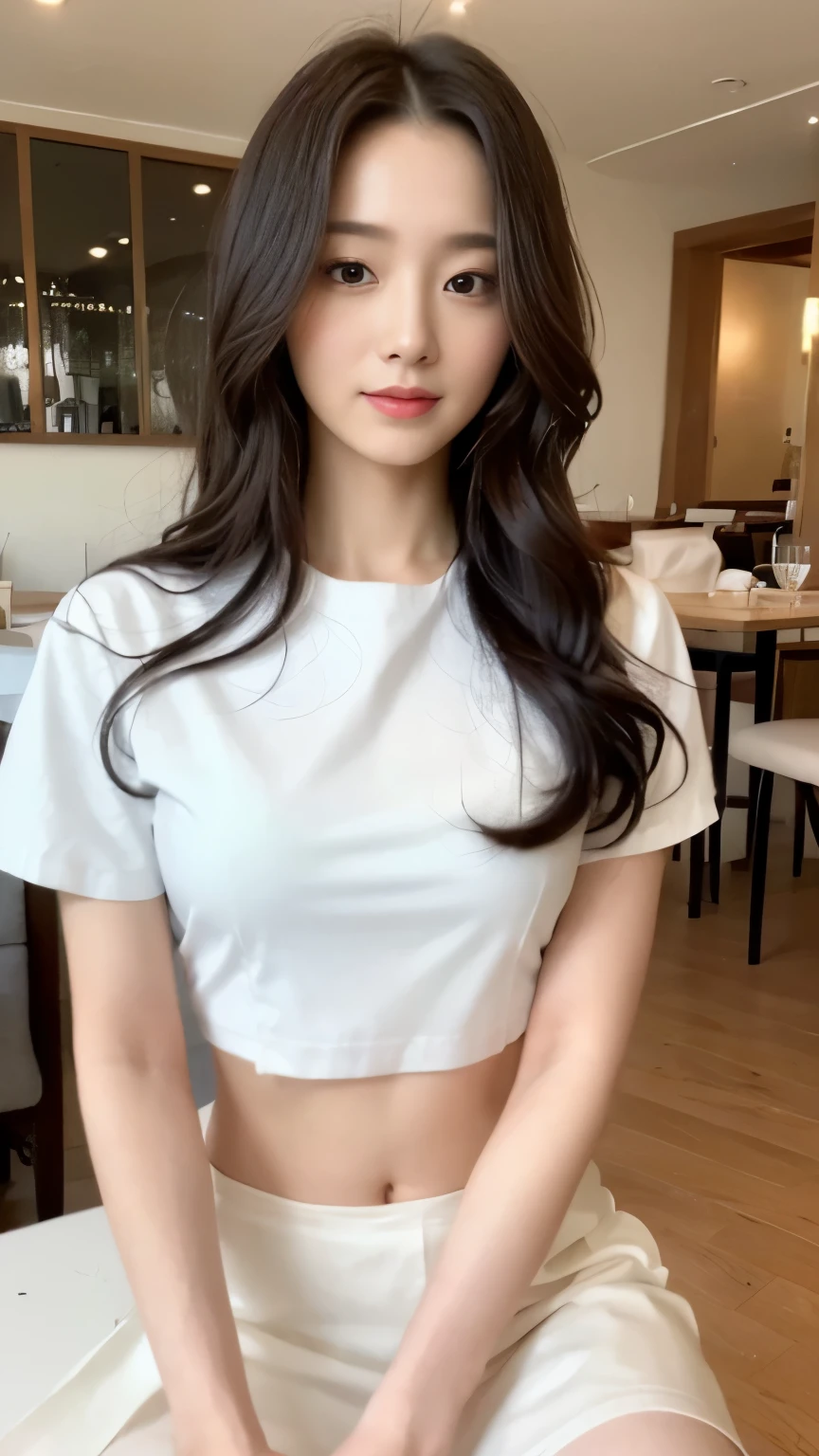 ((top-quality、8k、masterpiece:1.3))、Beautiful woman with perfect body:1.4、slim abdomen:1.2、Longhair, normal breast, Highly detailed facial and skin texture, A detailed eye, delicate eyes, double eyelid, (smile), (full body shot), ((restaurant 1.2)), (sitting on chair), ((wearing white uniform)), looking in front