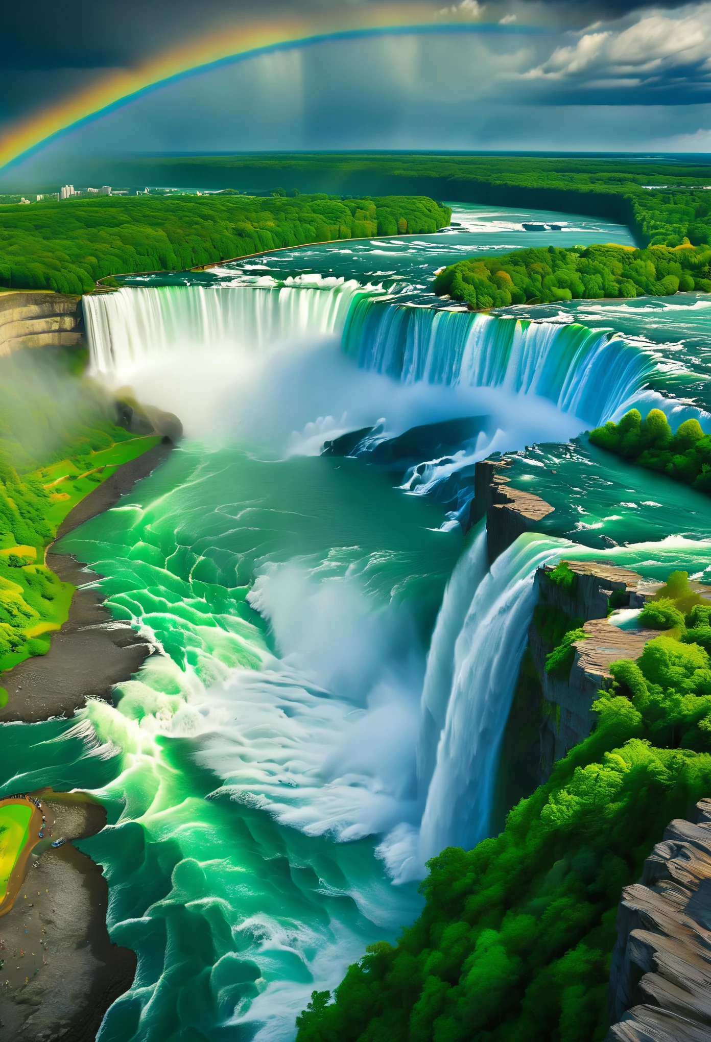 (Best Quality,4K,HD,Masterpiece:1.2),Ultra Fine (Realism:1.37), Niagara Falls is the world's first waterfall and an absolute marvel. The rainbow landscape that forms as the enormous volume of water rushes down creates a truly awe-inspiring spectacle. The falls are so high and wide and fascinating that the sound of the raging water can be heard from 30 kilometers away. The power and magnitude of the water flowing over the falls is breathtaking and is a force of nature that cannot be ignored. The waterfall's combination of natural beauty, vibrant colors and tremendous energy make it an iconic landmark. This breathtaking scene was captured through the medium of photography, ensuring the highest level of detail and realism. The focus is on showcasing the waterfall in its purest form, with the water gushing down and in sharp focus. The crisp detail of the water droplets and the natural surroundings create an immersive experience for the viewer.The use of HDR technology and studio lighting further enhances the quality of the image, bringing each element of the scene to life. Immerse yourself in the natural beauty of Niagara Falls, where the blue hues of the water contrast with the lush green landscape surrounding it. Sunlight creates mesmerizing patterns on the water's surface, witnessing the interplay of light and shadow. The sheer size of the falls emphasizes its grandeur.