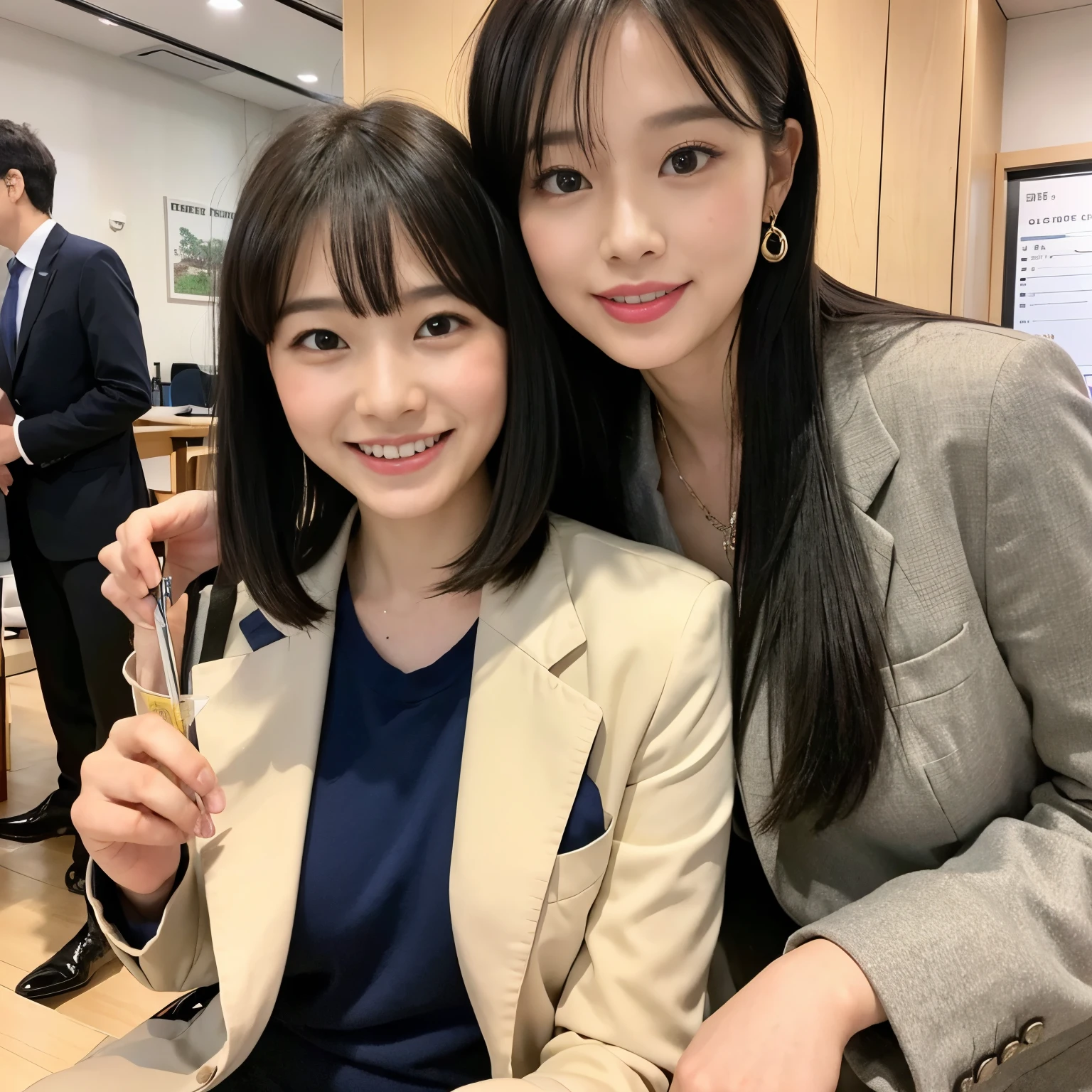 1 girl, alone, highest quality, 8k, japanese women pictures, 25 years old, kindergarten teacher, long straight black hair,, ((Plump)), ((big breasts)),simple t-shirt, plain jogging pants,, best smile ever,Izakaya, Grow eyes,  shining happiness, considerate personality, sweet feminine aura, Calm but resolute attitude, lightly freckled cheeks, a spirit of warmth and joy, Modest casual wear perfect for teaching,pixie cut fringe, eyes shining with dedication, Two people in love,couple,men and womenの写った, a humble and dedicated kindergarten teacher, lively.Two-shot of the couple,1 man,men and women,man wearing a suit,man wearing a suit,man wearing a suit,couple,Two people in love,tall man,tall man,man wearing a suit,middle aged man,middle aged man,middle aged man,40 year old man wearing a suit,man wearing a suit,Man in jacket,Izakayaの中,banquet,banquet,Year-end party,Izakaya