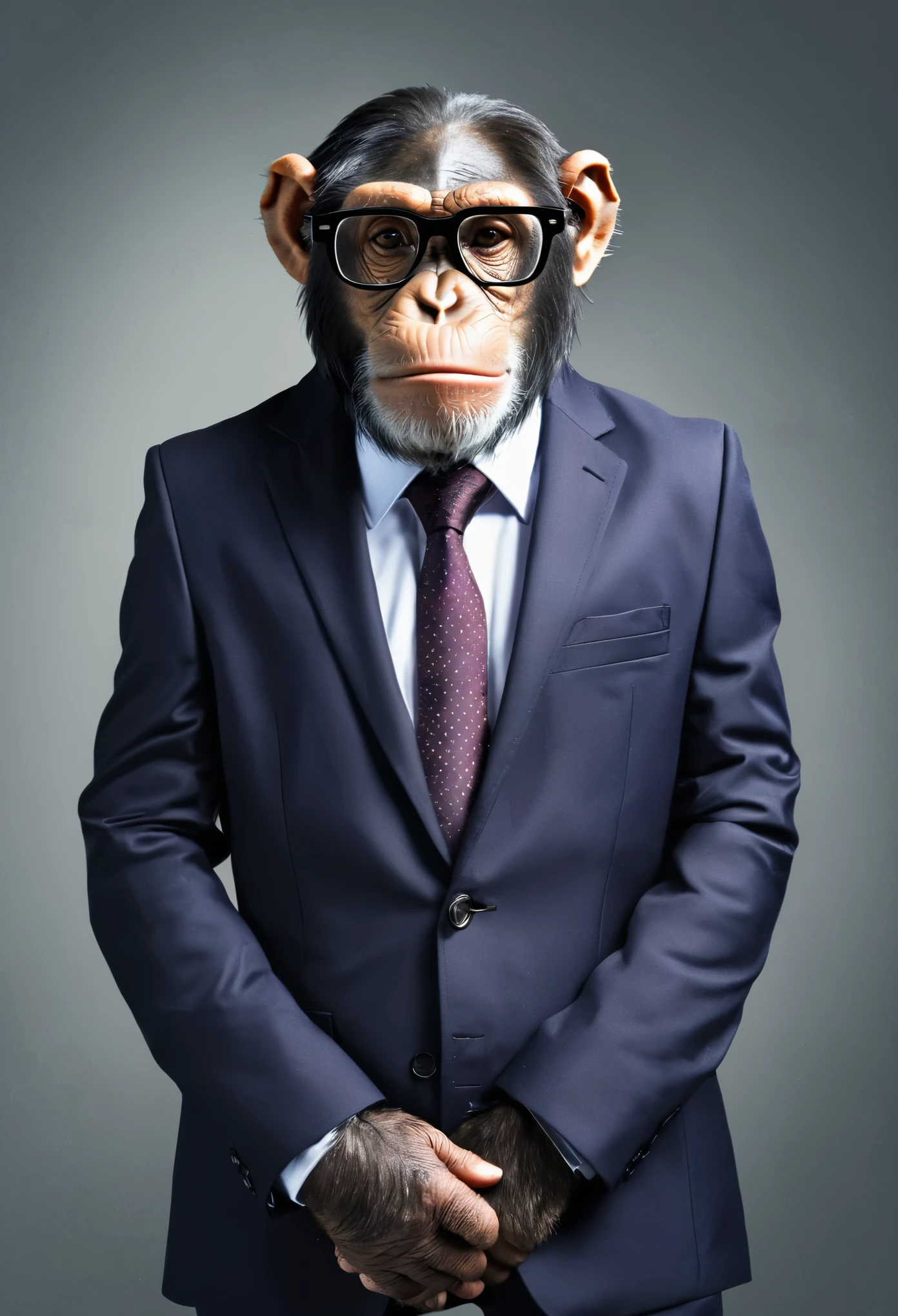 Chimpanzee wearing a suit and glasses and a sad poorly dressed man