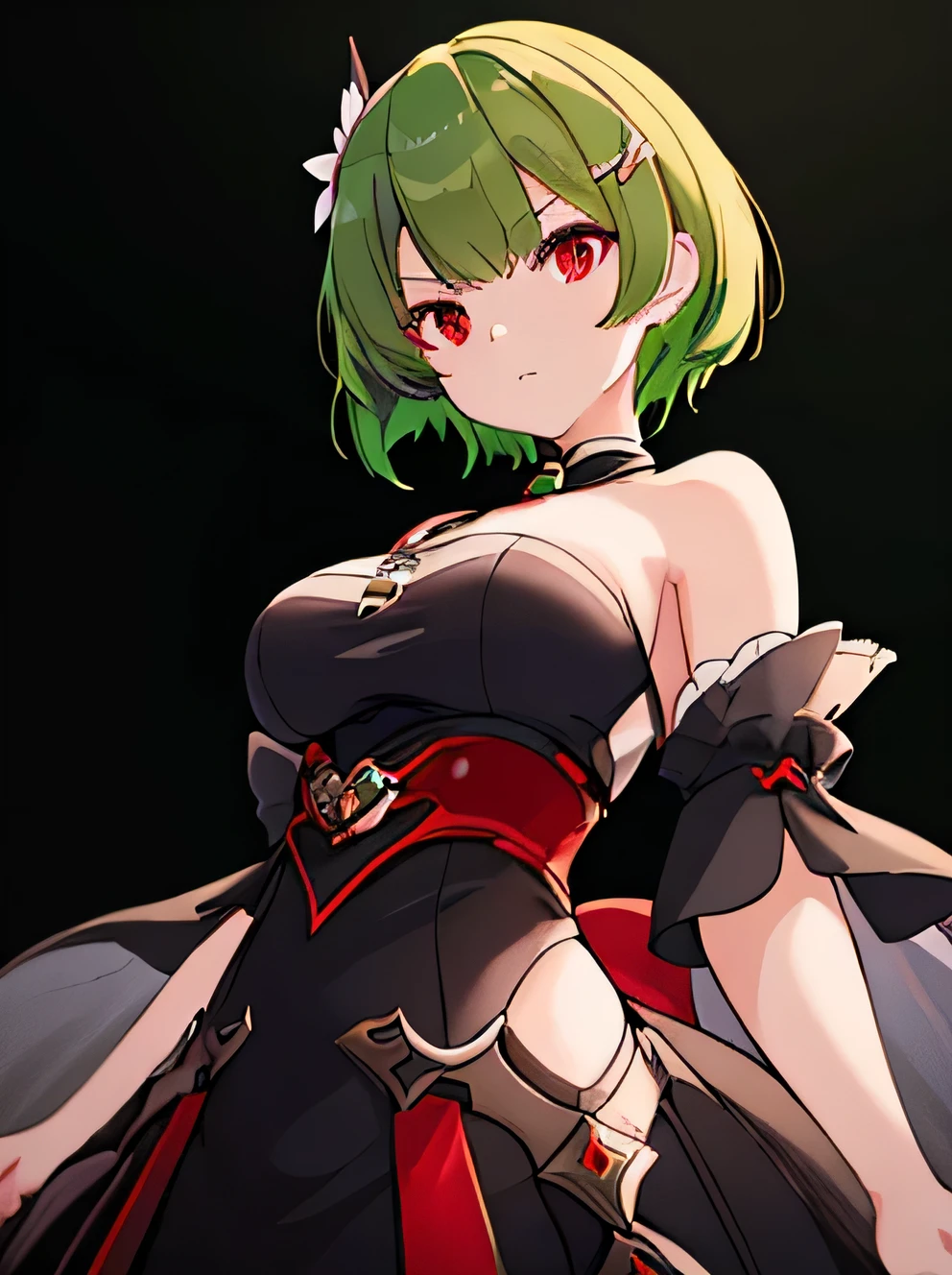 (masterpiece, best quality),1girl with short green hair , stand, black background, her hand under ,looking to viewer, warm lighting, red eyes, serious expression, white and black, honkai outfit, using daisy hairclip, black foreground, half body, high detailed hands