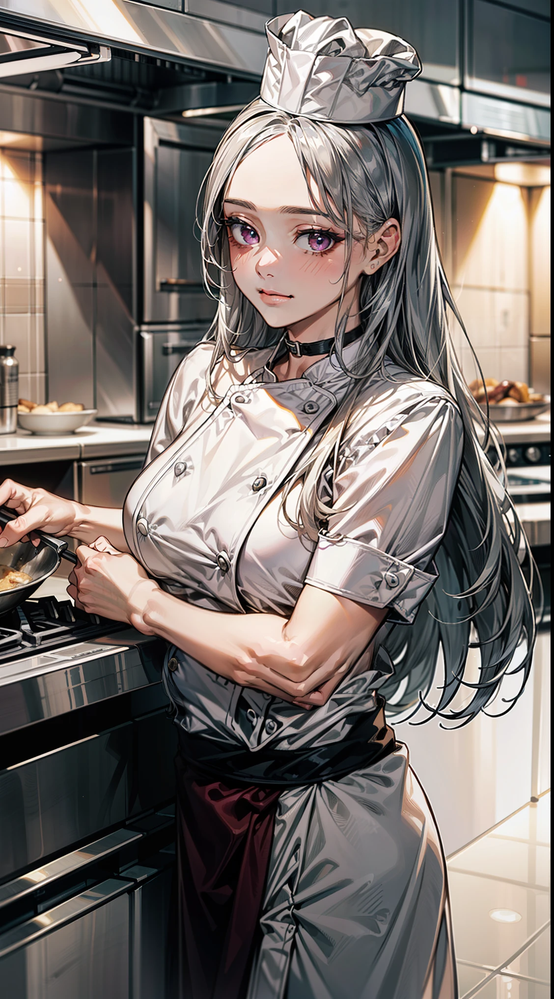 ((long hair, silver hair:1.8, chef&#39;s hatに纏めた髪:1.6)), (shining purple eyes)beautiful, beautiful woman, perfect anatomy, perfect body, perfect breasts, (Pastry chef's clothes:1.8, chef&#39;s hat:1.3, choker), (kitchen:1.6), looking at the audience while blushing, slight smile, realism, masterpiece, rough skin , Super detailed, high detail, high quality, 最high quality, 1080p, 16k