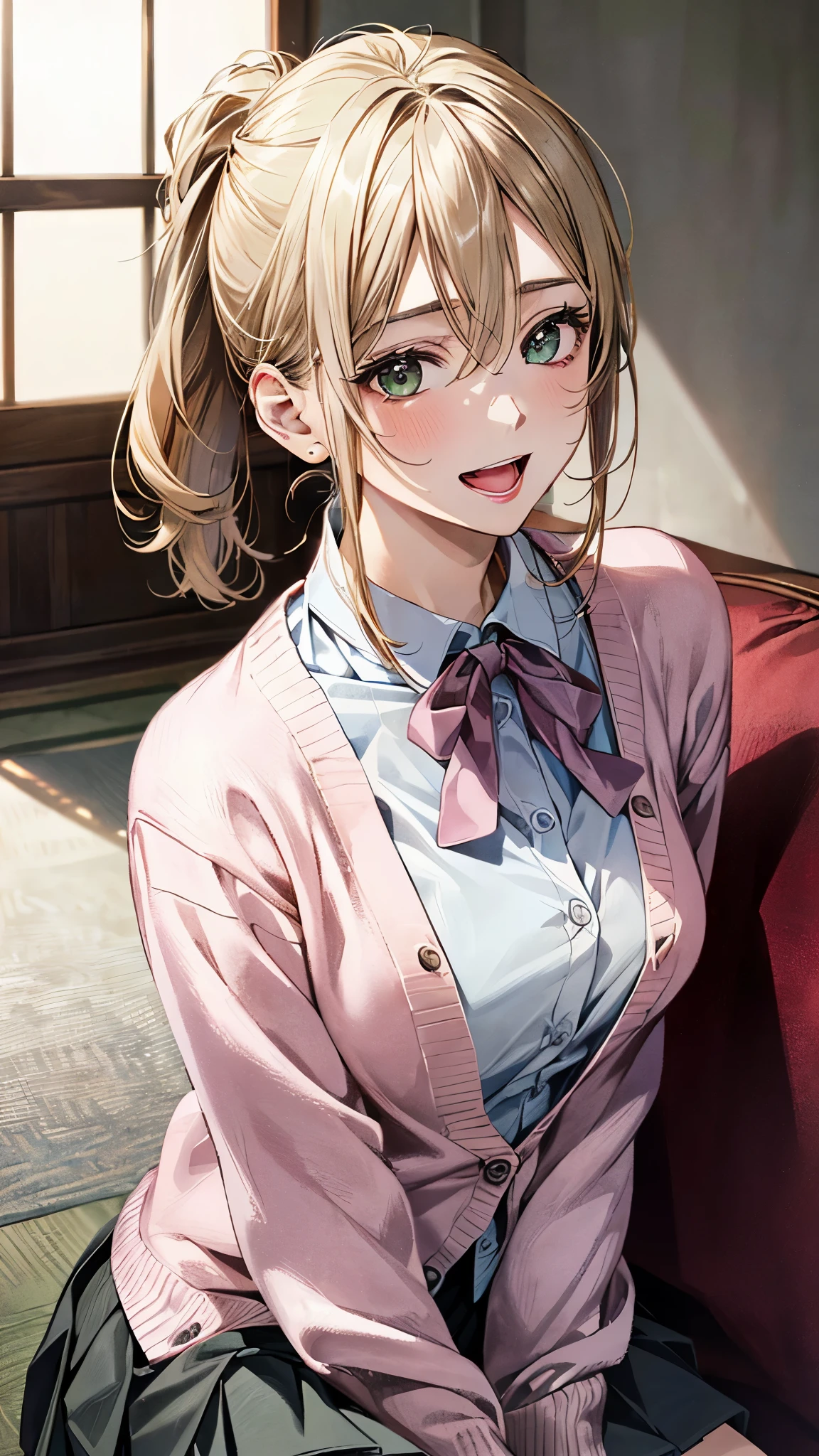 (masterpiece:1.2, top-quality, ultra high res, ultra detailed), (realistic, photorealistic:1.4), beautiful illustration, (natural side lighting, movie lighting),
looking at viewer, (face focus, upper body), 1 girl, japanese, high school dirl, perfect face, (perfect anatomy), cute and symmetrical face, , shiny skin, slender
(middle hair:1.5, topknot, loose hair, blonde hair), hair between eyes, dark green eyes, drooping eyes, big eyes, long eye lasher, (medium breasts),
beautiful hair, beautiful face, beautiful detailed eyes, beautiful clavicle, beautiful body, beautiful chest, beautiful thigh, beautiful legs,
((detailed cloth texture, long sleeve light pink cardigan, white collared shirt, grey pleated mini skirt, dark pink neck ribbon), ), ,
(beautiful scenery), evening, (karaoke room), sitting sofa, (laugh, open mouth),